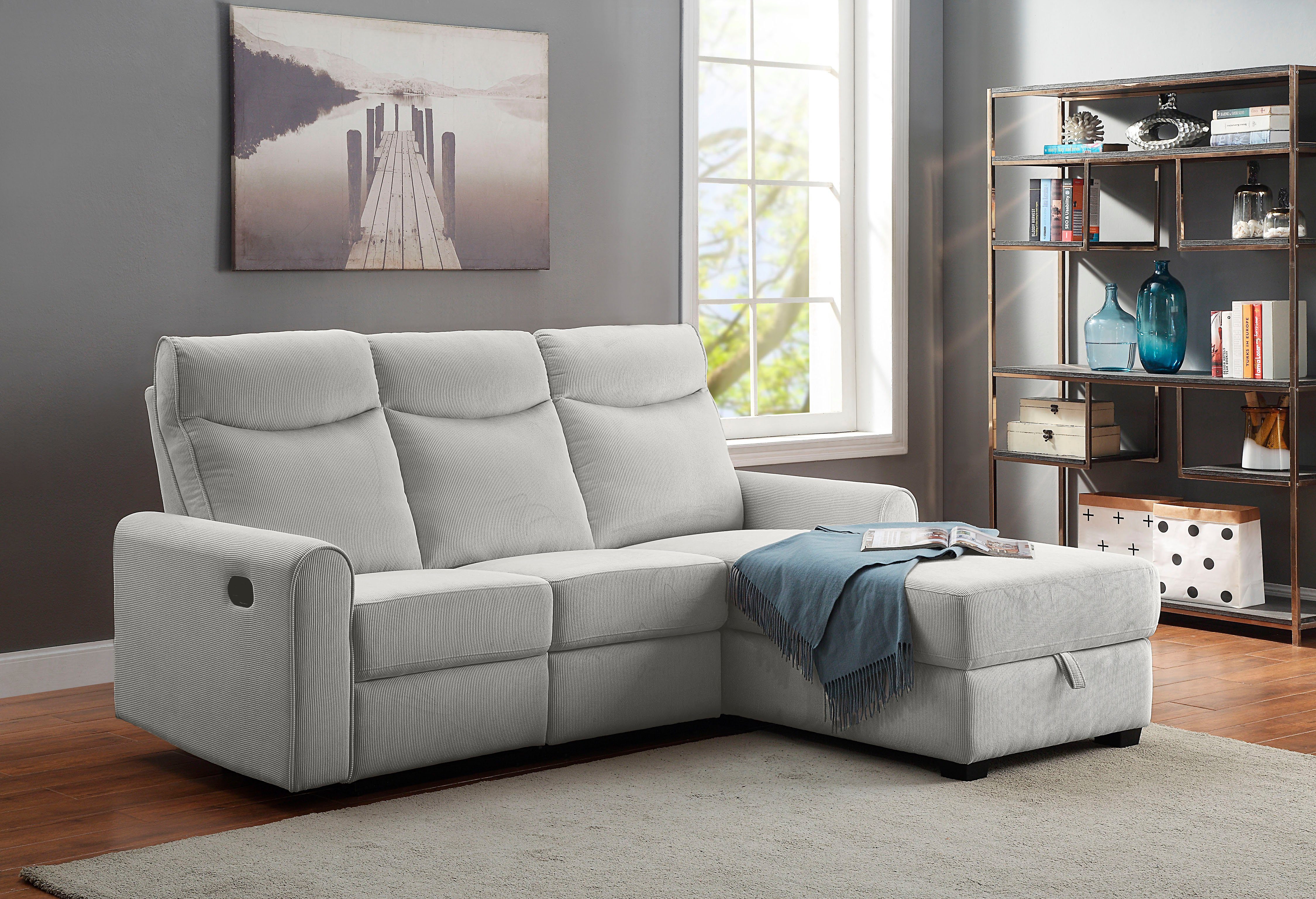ATLANTIC home collection Hoekbank Gero L-vorm met relaxfunctie en bergruimte, met cordbekleding