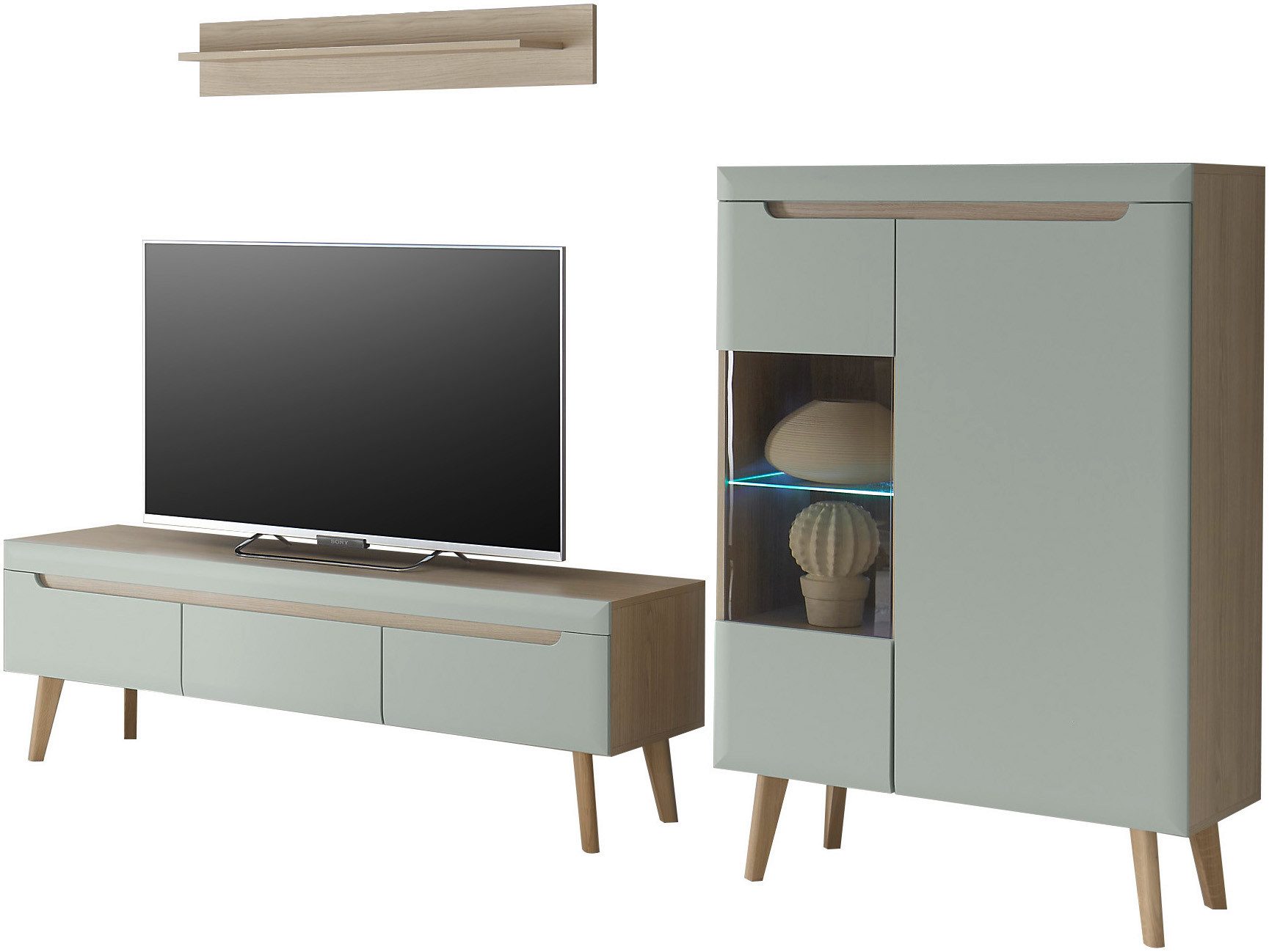 INOSIGN Wandmeubel Torge, wandmeubel, kastwand, mediawand, woonkamer-set bevat 1 vitrine, 1 lowboard + 1 wandplank, 270 cm breed (set, 3-delig)