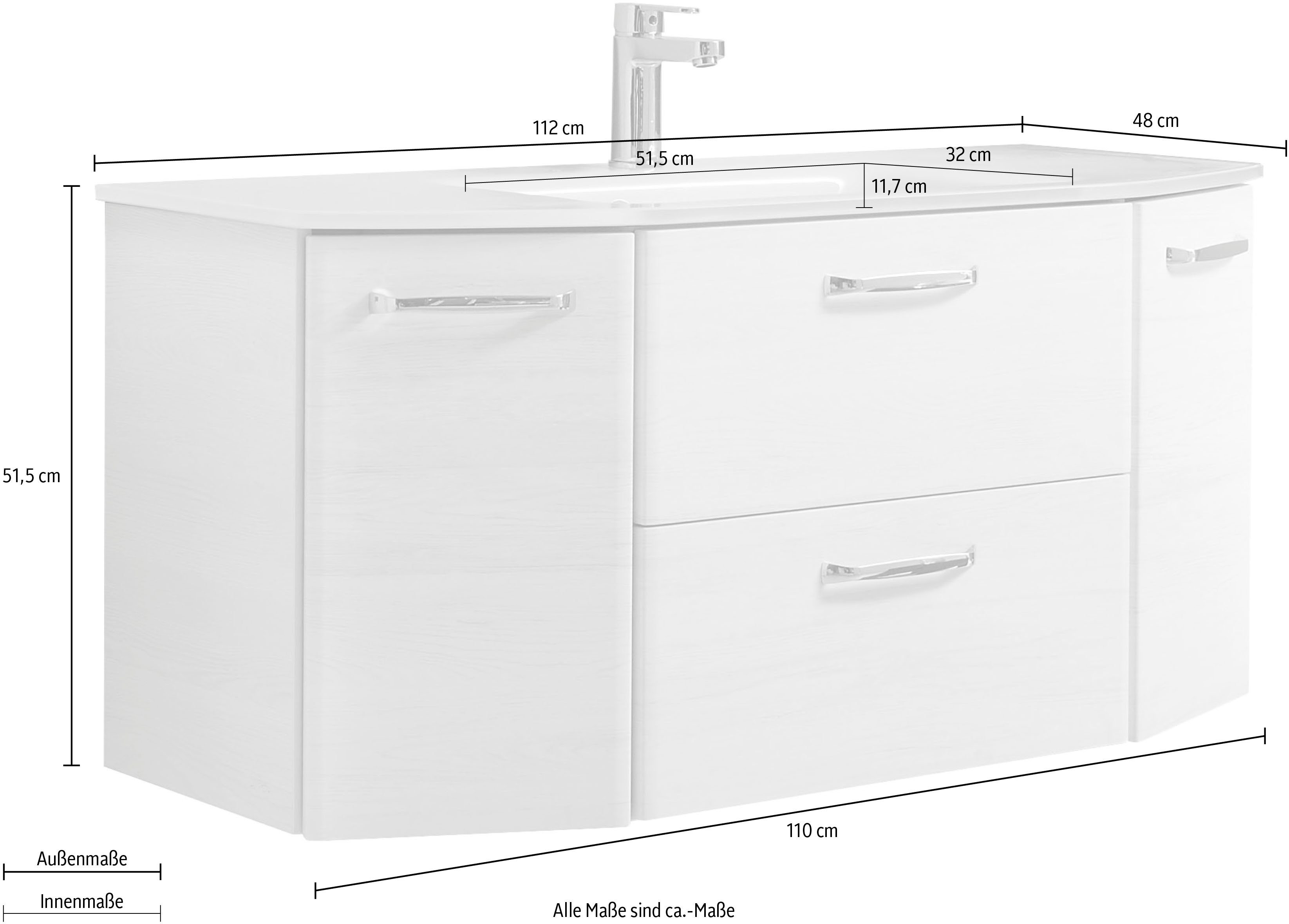 Saphir Wastafelonderkast Quickset wastafel incl. glazen wastafel, 112 cm breed, 2 deuren Onderkast met wasbak, inclusief deurdemper, grepen glanzend chroom