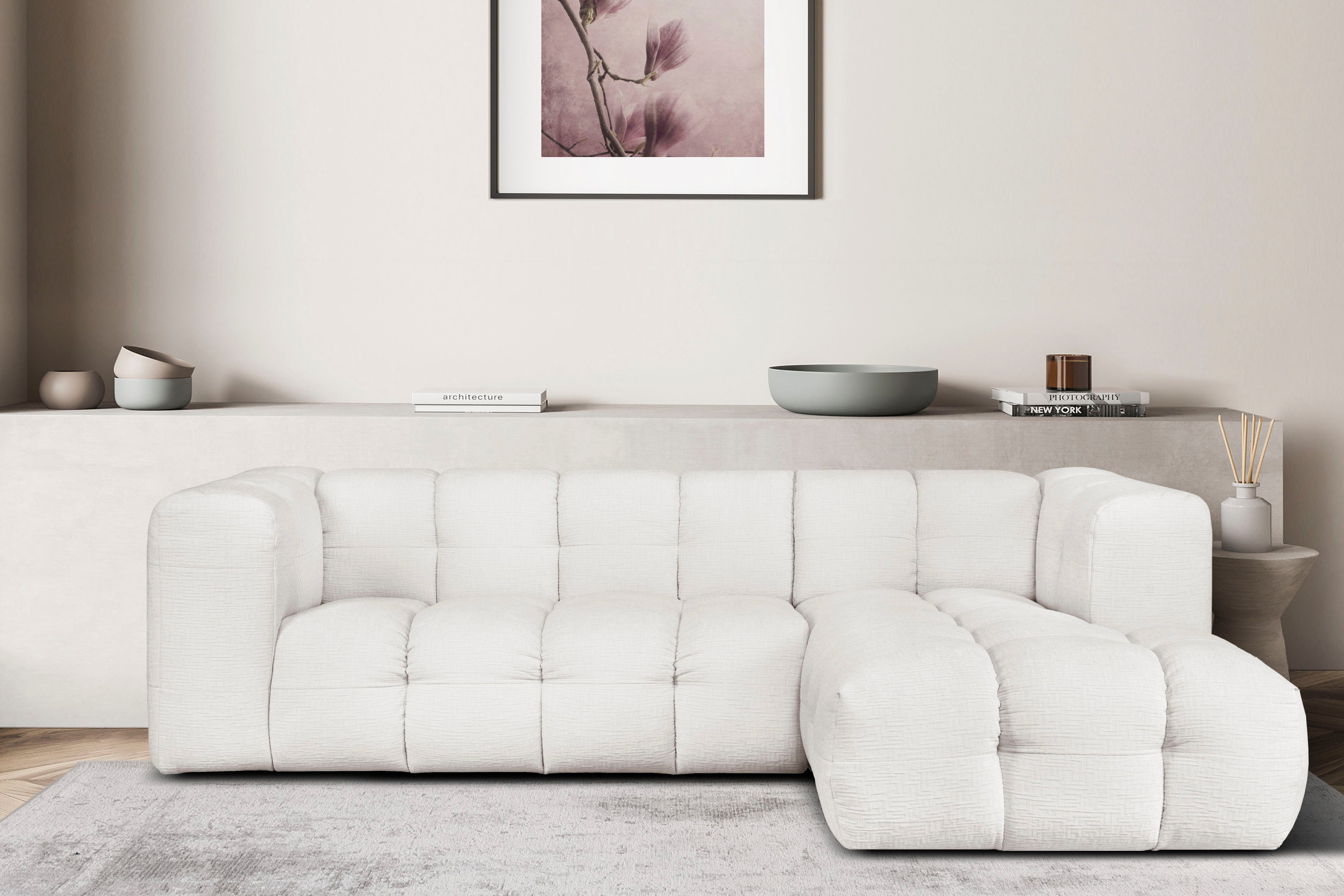 LeGer Home by Lena Gercke Hoekbank TALISHA L-Form Designersofa, moderne Steppung, B/T/H: 276/178/75 cm modern gestikt patroon, hoog zitcomfort