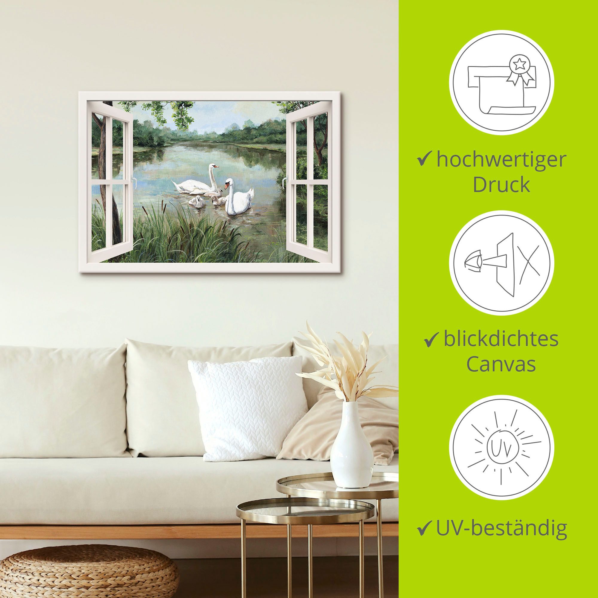 Artland Artprint op linnen Blik uit het venster - zwanen als artprint van aluminium, artprint op linnen, muursticker, verschillende maten