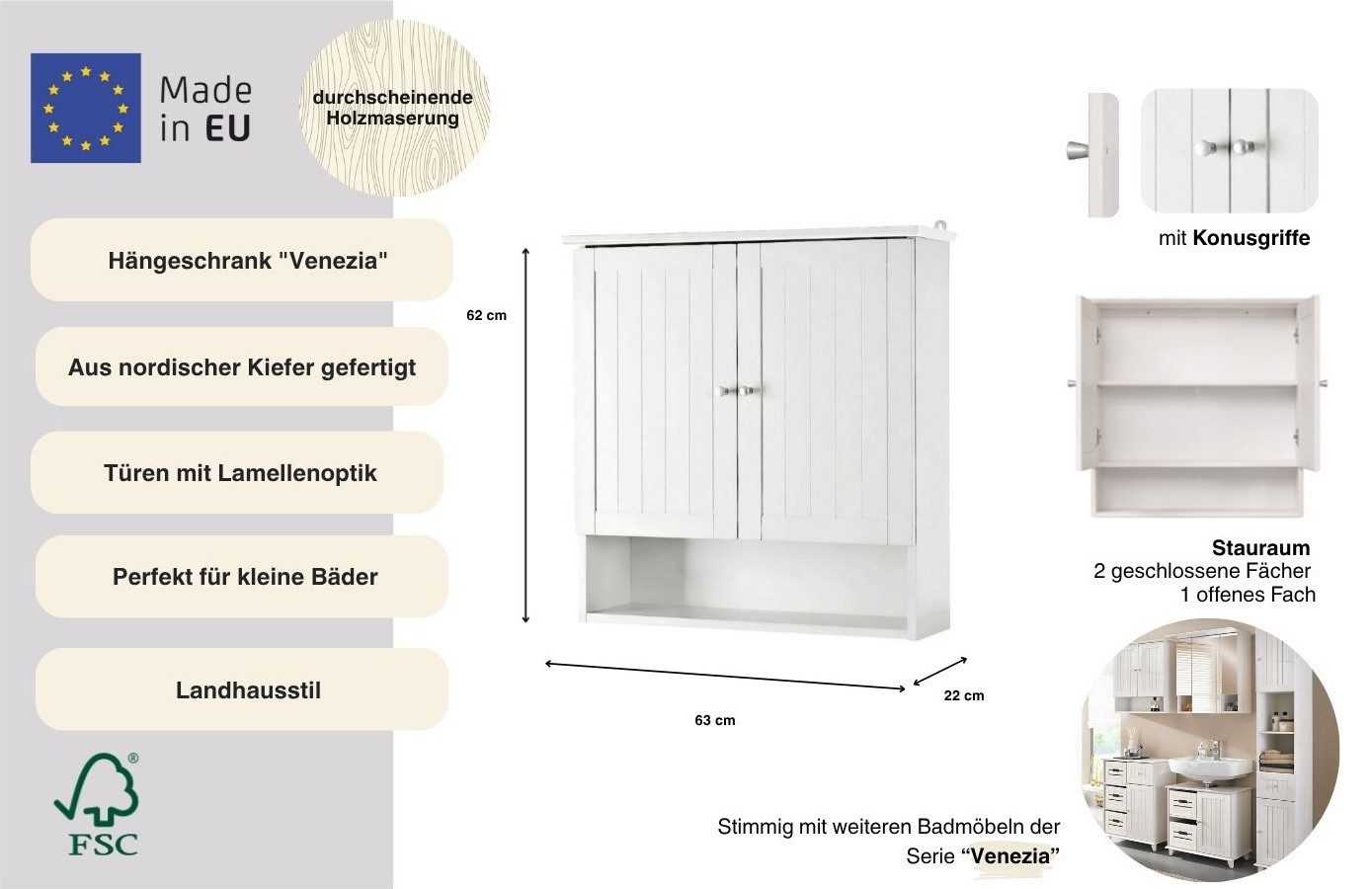 welltime Hangend kastje Venezia Badmeubel, van massief grenen, 2 deuren, breedte 63 cm