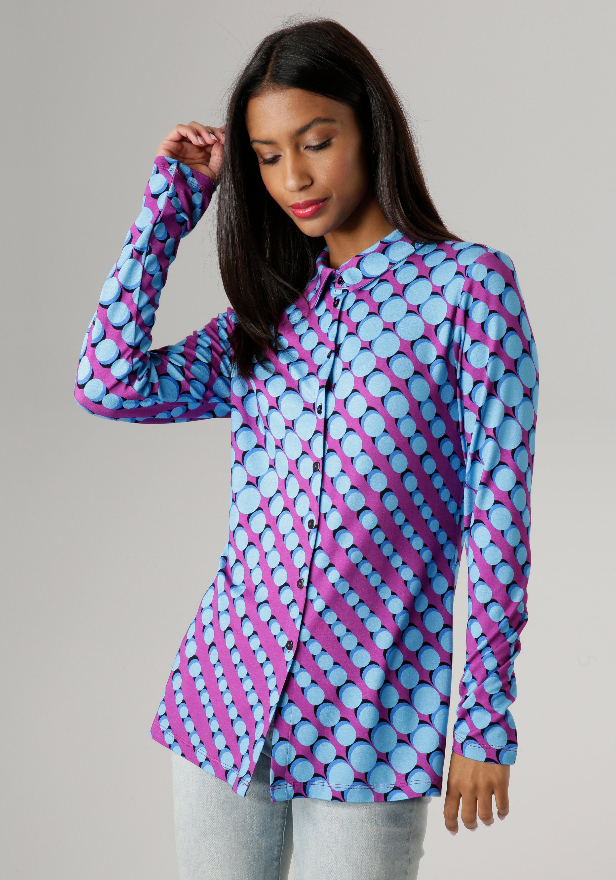 Aniston SELECTED Overhemdblouse van elastische jersey, met retro stippenprint