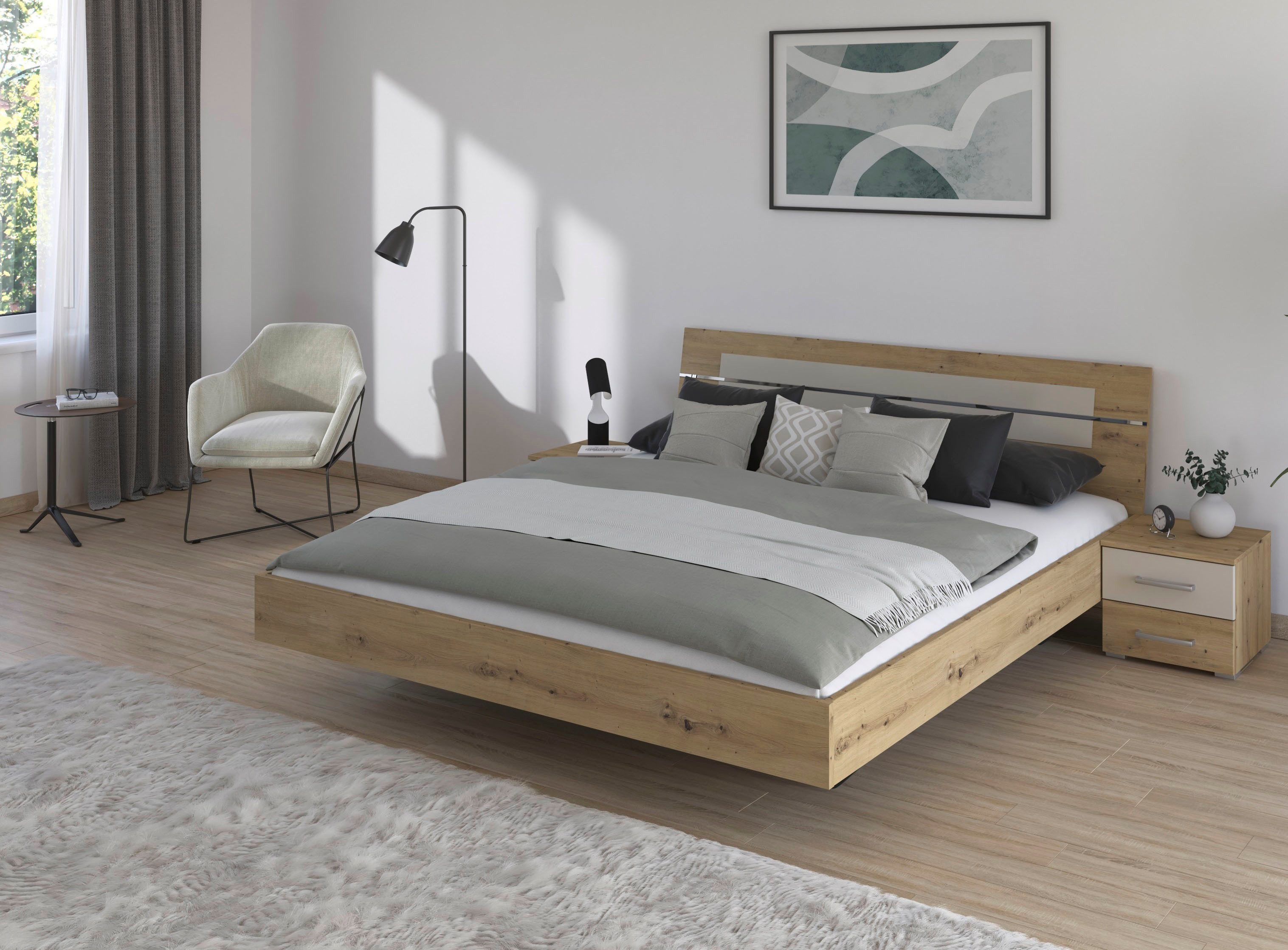 rauch Ledikant Tweepersoons futonbed BURANO in zwevende look en afgebakend hoofdeinde met 2 nachttafels made in germany (set)