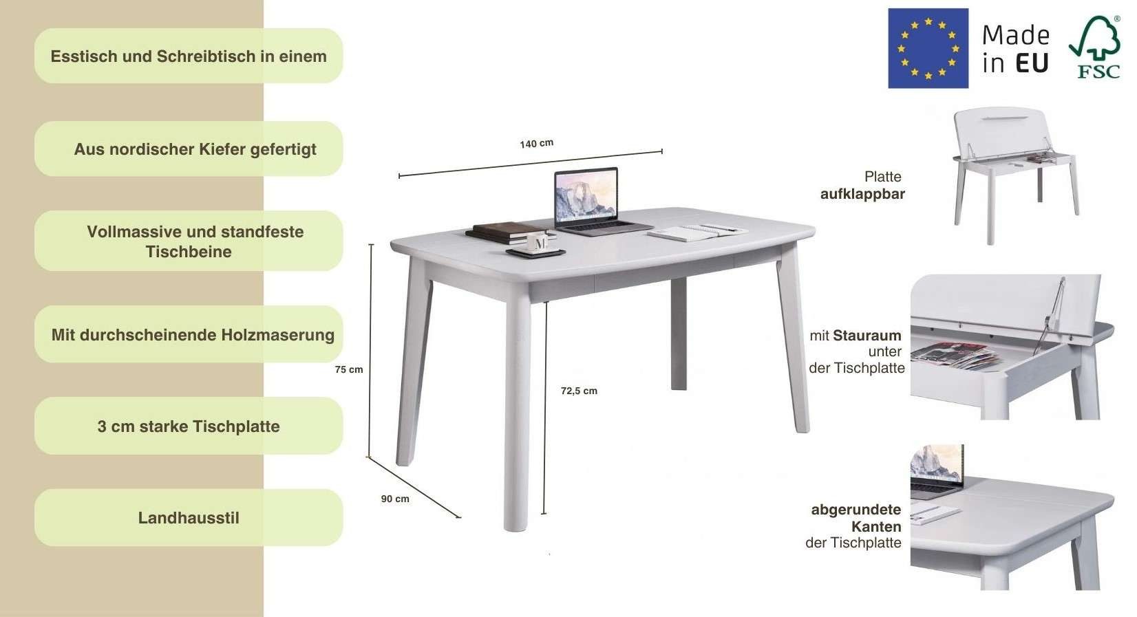 Home affaire Eettafel Palermo, multifunctionele tafel, werktafel, bureau met opbergruimte, opklapbaar blad, home office bureau, massief hout