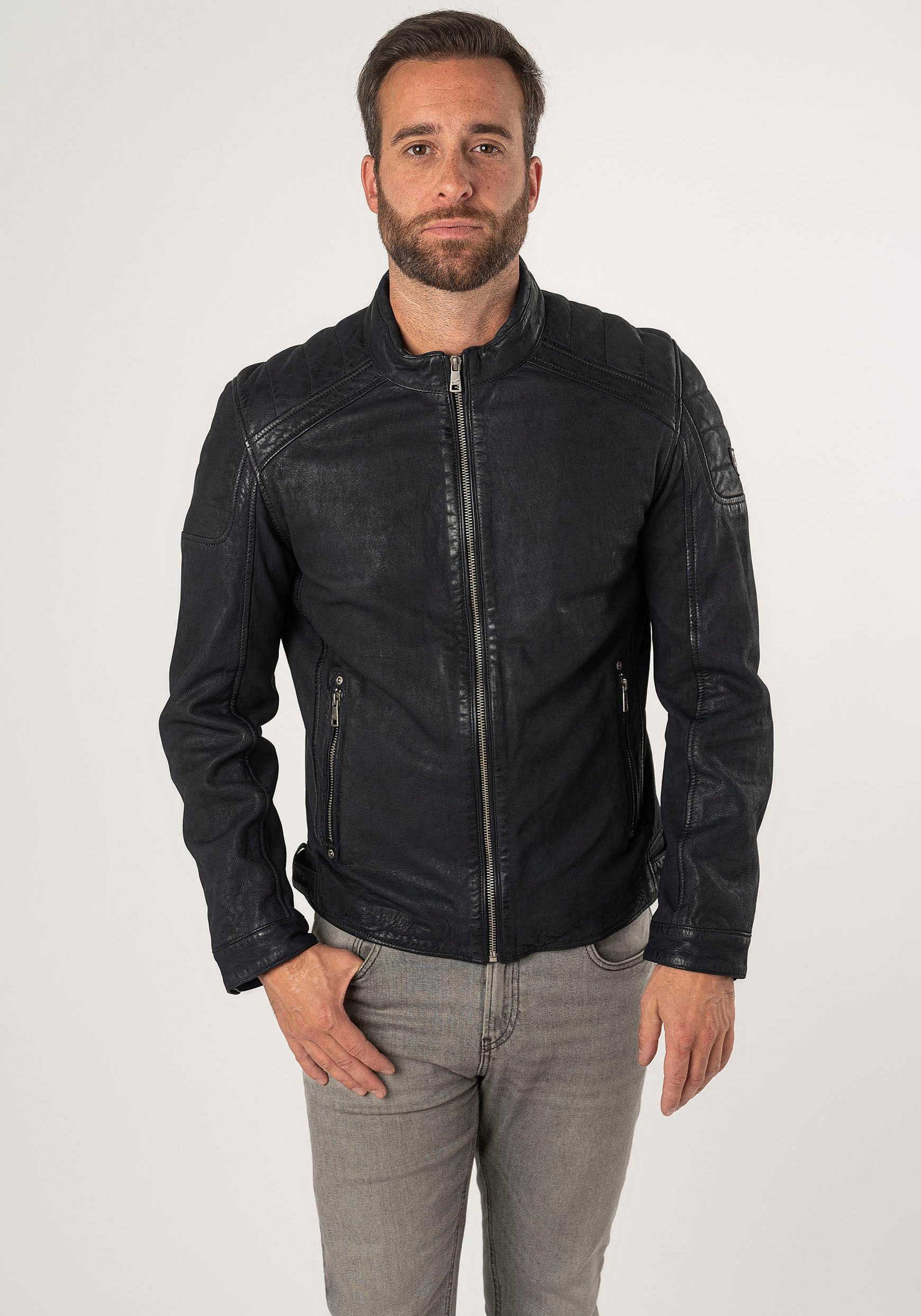OTTO Mauritius Leren jack MMChesney met rits, ritszakken, sierstepping heren tussenjacks maat 4XL blauw