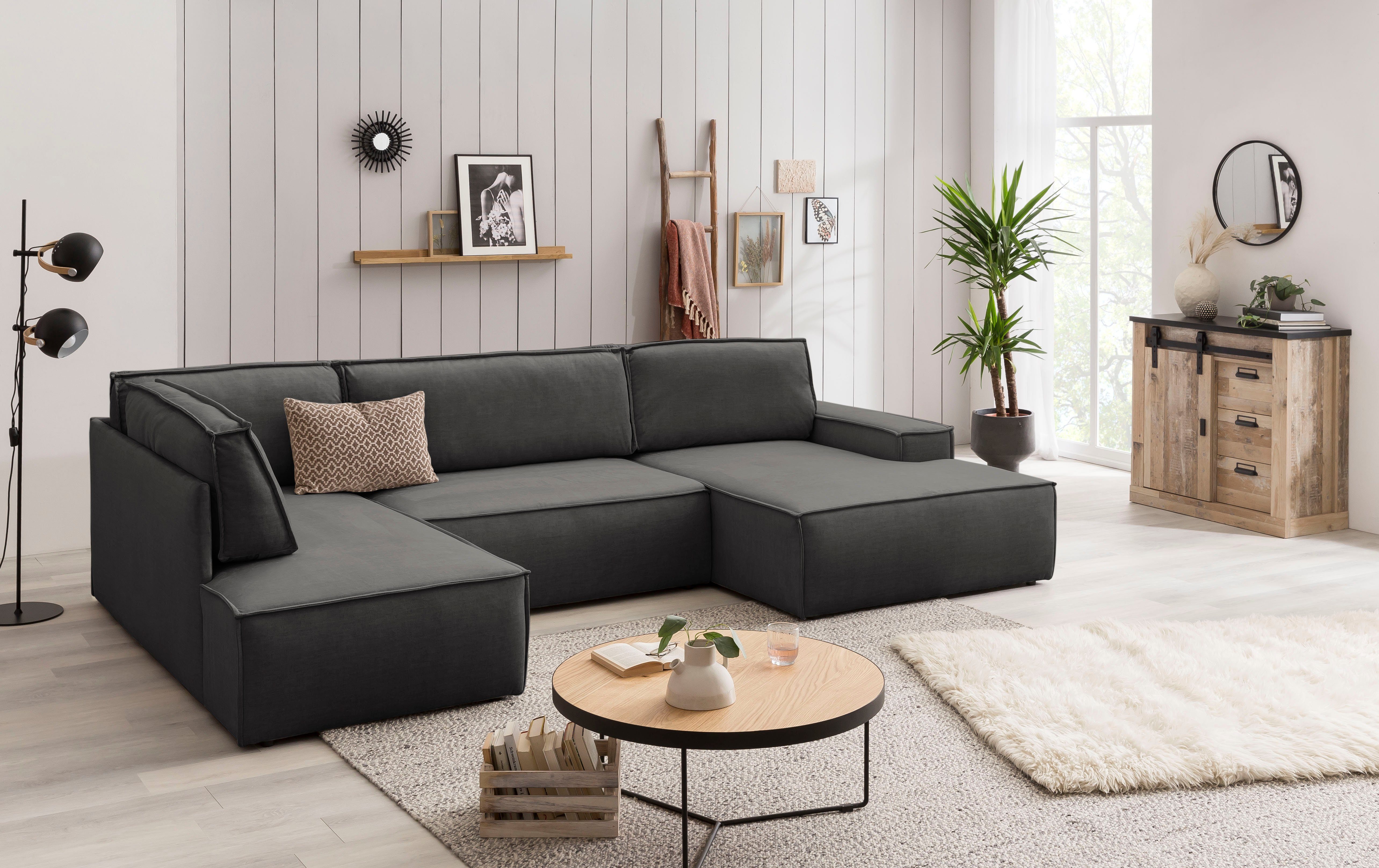 Home affaire Zithoek SHERWOOD 329 cm, U-vorm, slaapbank, Slaapfunctie met bedkist (194x139 cm), cord, vintage, fluweel