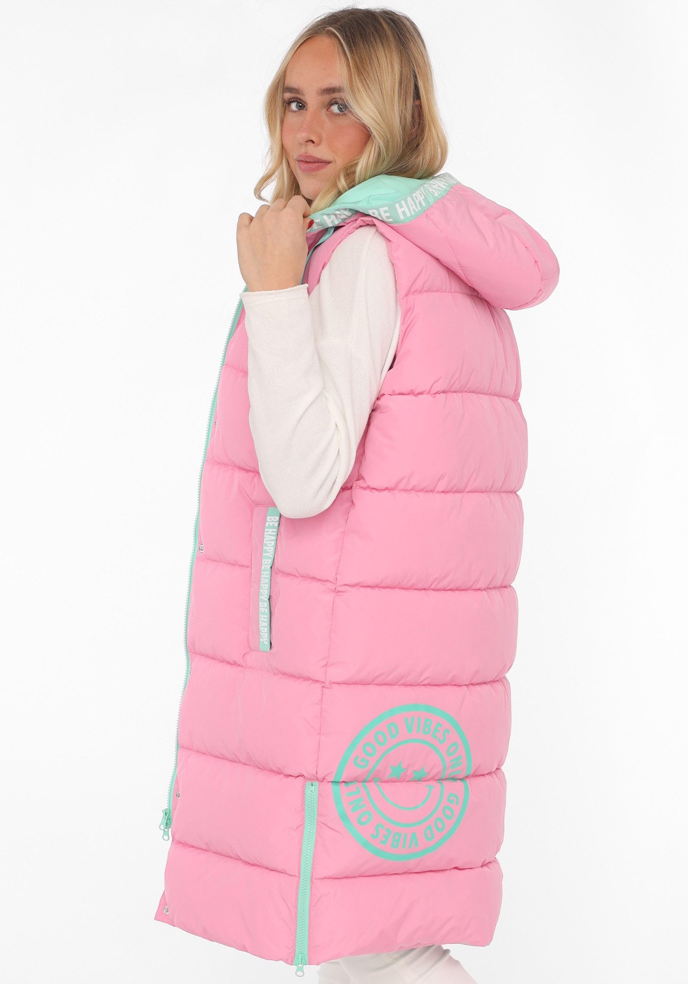 Zwillingsherz Bodywarmer Gewatteerd vest lang "Good Vibes Only" met bedrukte capuchon en zakken, knoopsluiting en print achter