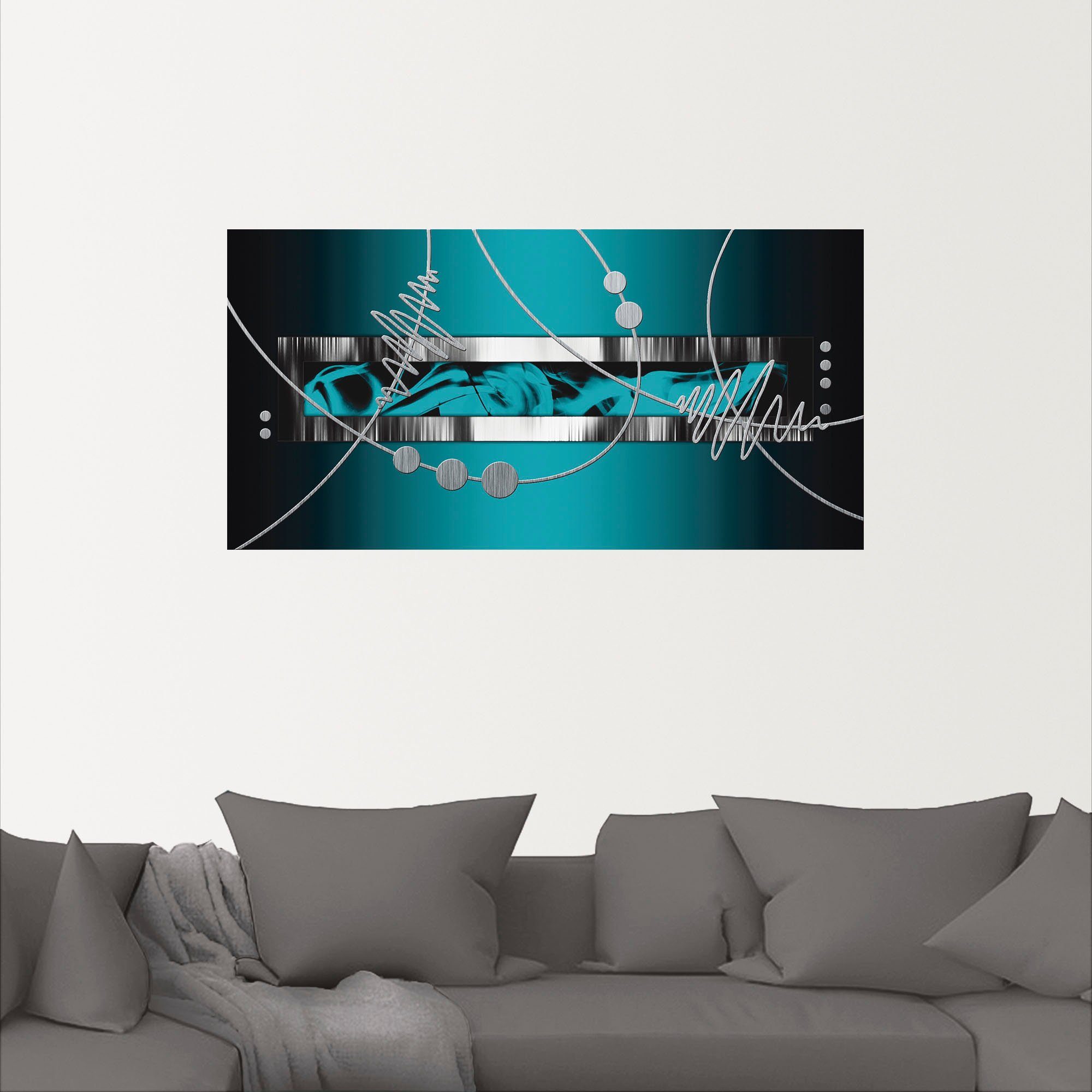 Artland Artprint Zilverkleur abstract op petrol als artprint van aluminium, artprint voor buiten, artprint op linnen, poster, muursticker