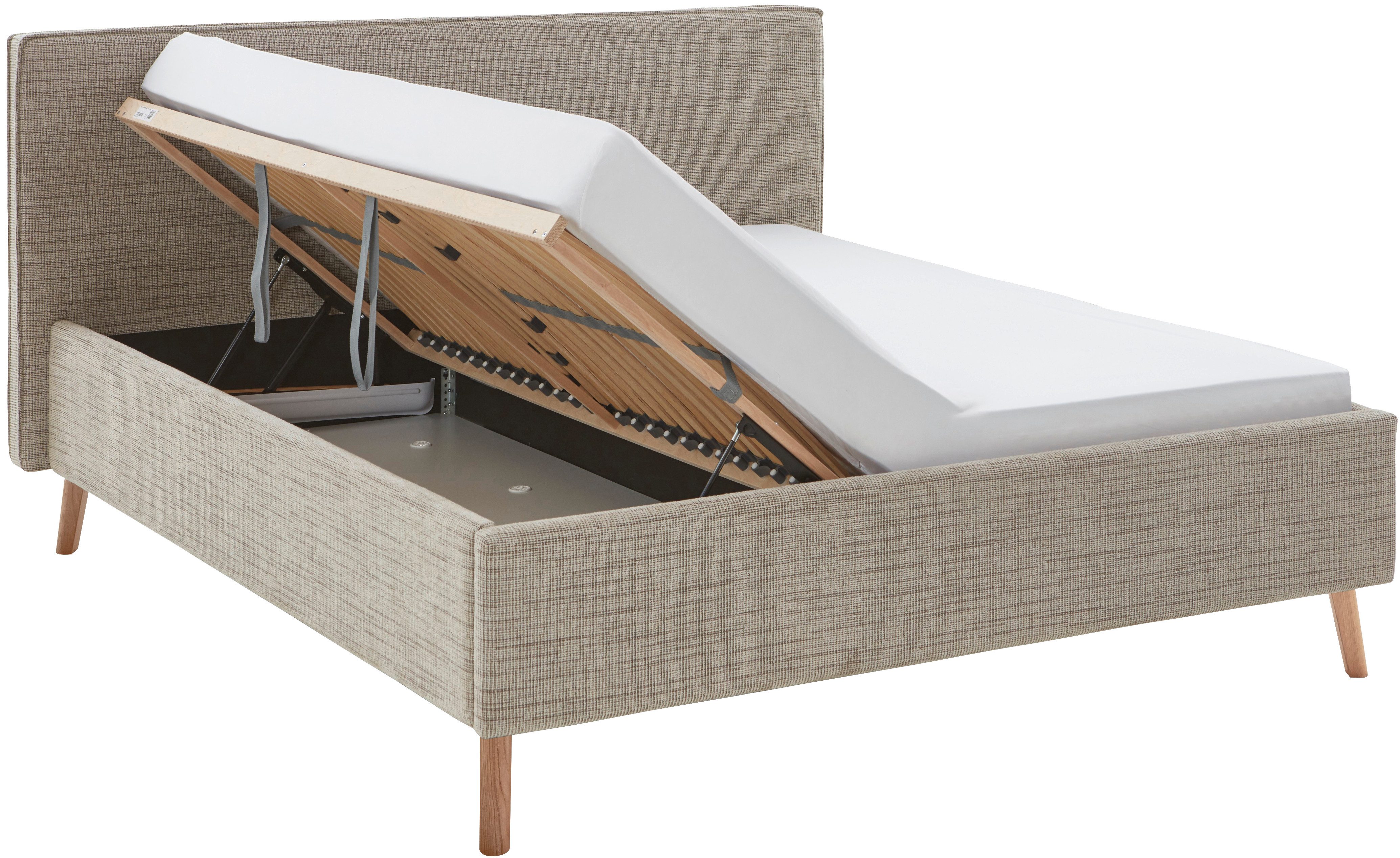meise.möbel Gestoffeerd bed Riva met eikenkleurige houten poten, naar keuze met bedkist en lattenbodem