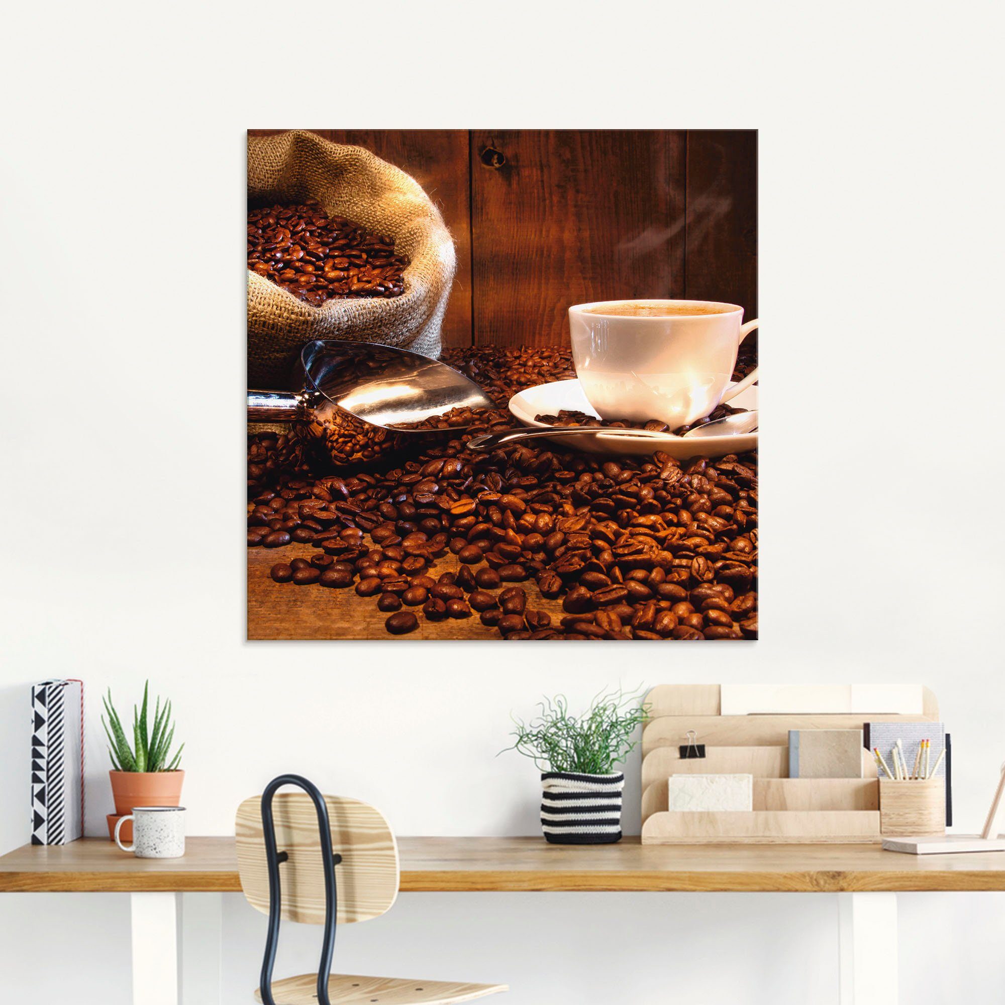 Artland Print op glas Koffiekopje en linnen zak op tafel