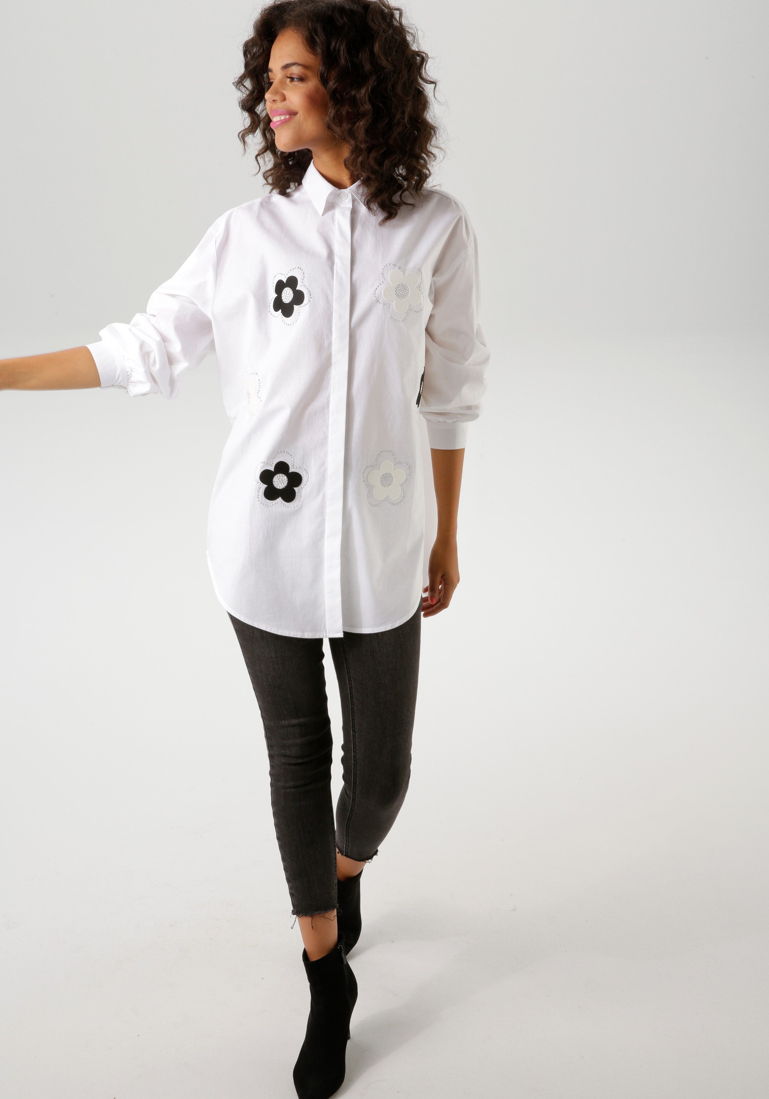 Aniston CASUAL Overhemdblouse met glinstersteentjes versierde bloemen-applicaties - nieuwe collectie