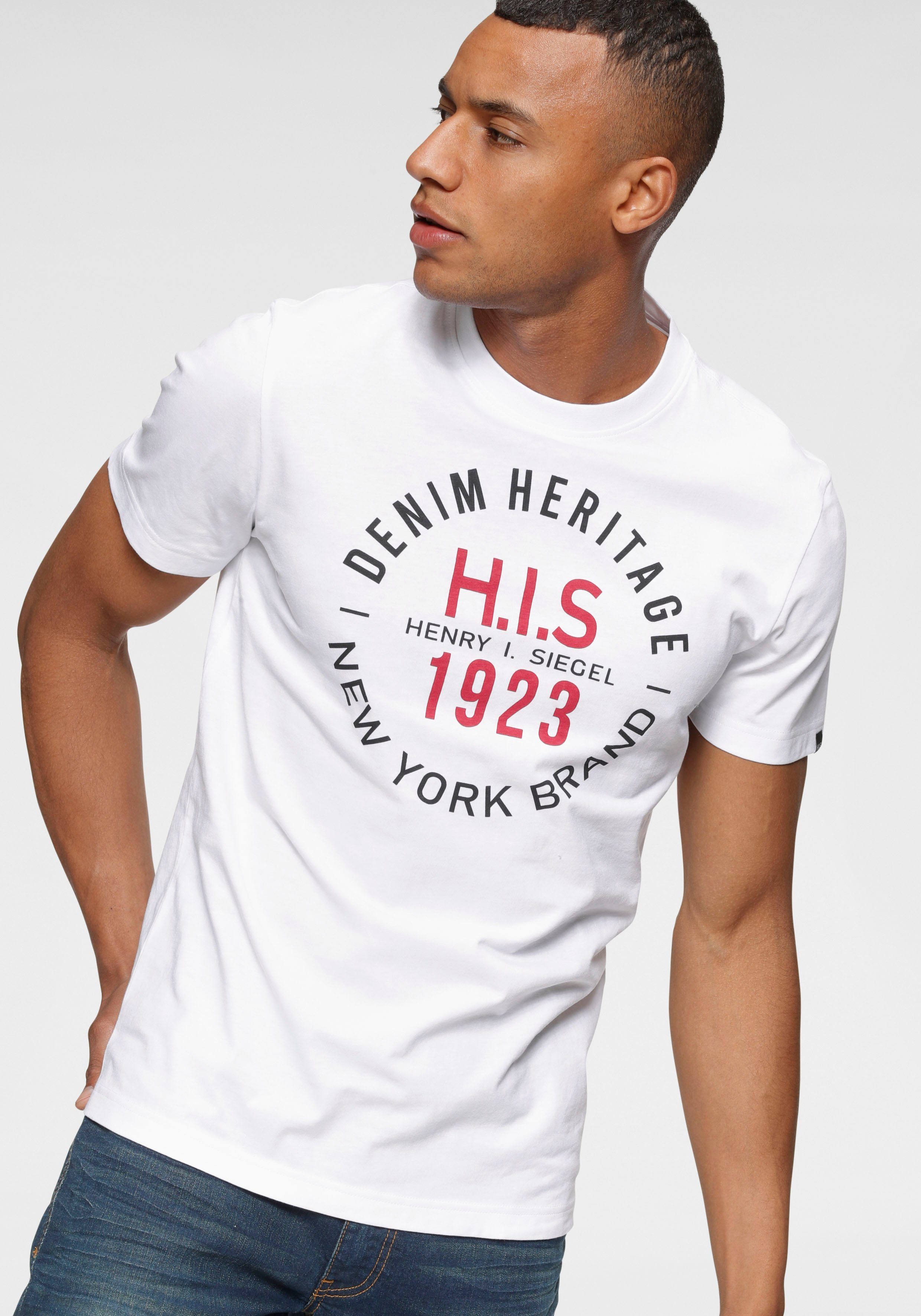 H.I.S Shirt met ronde hals Korte mouwen, smalle pasvorm, met print, ronde hals, van katoen heren ronde hals maat XXXL (64/66) wit