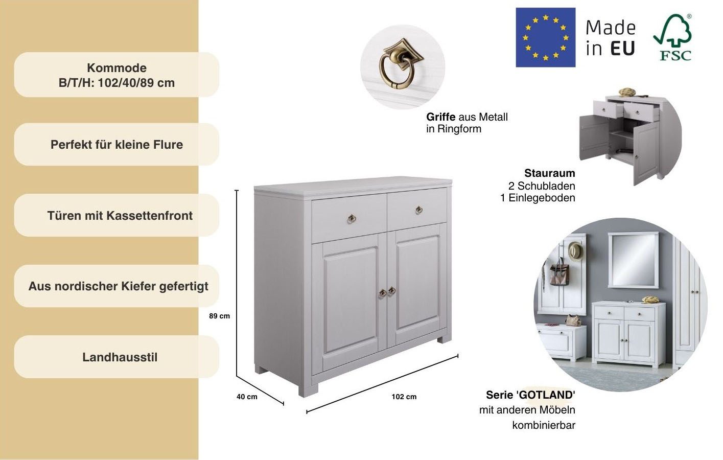 Home affaire Kast Gotland van massief grenen, met 2 lades, fsc®, breedte 102 cm