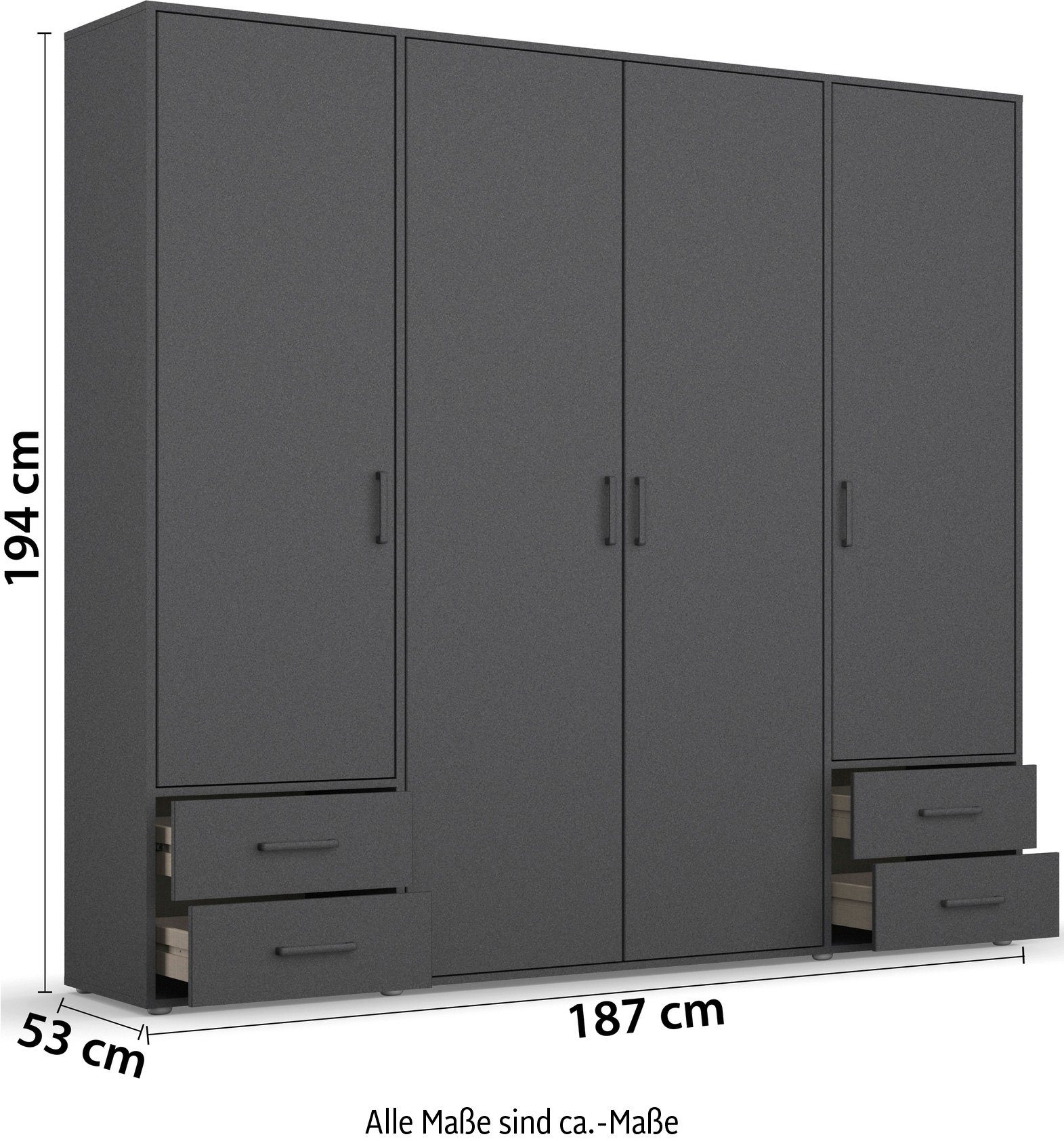 rauch Draaideurkast Kledingkast kast garderobe linnenkast VOYAGER moderne grepen in grijs metallic met buitenlades made in germany