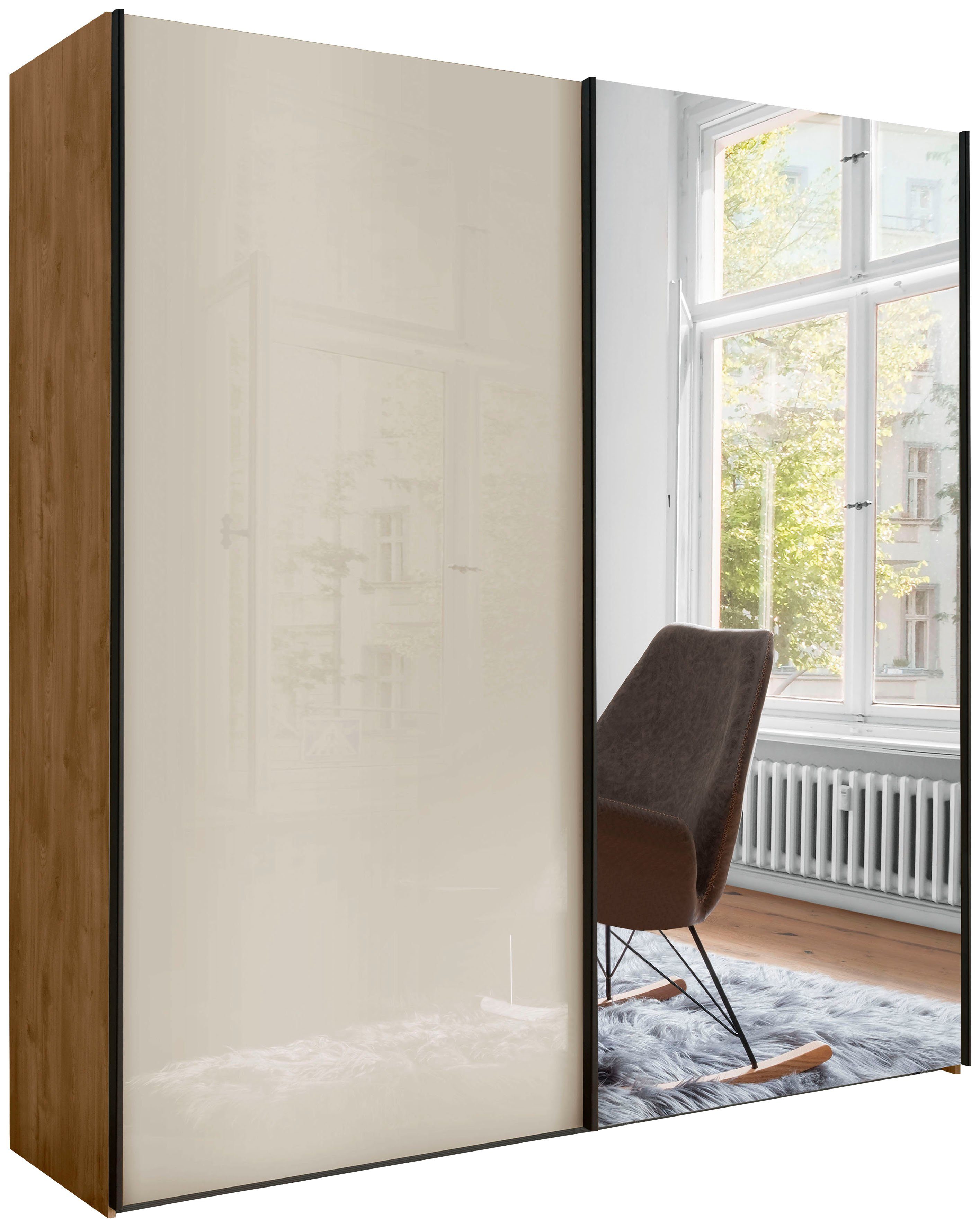 WIEMANN Zweefdeurkast Monaco met glazen front en hoogwaardig beslag zweefdeurkasten maat 148,9 cm x 236 cm x 67 cm beige