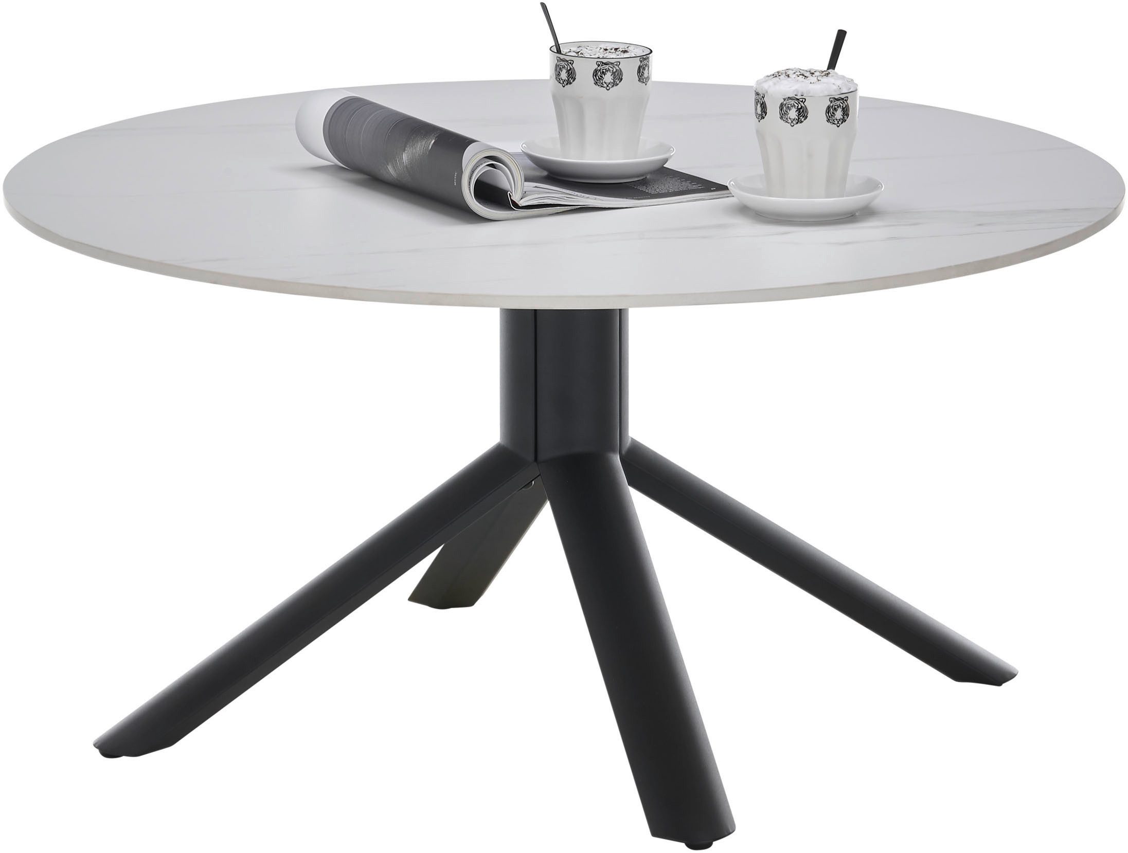 OTTO Stolkom Salontafel Joanna ronde eettafel keramiek, wit gemarmerd, BxH 90x45 cm Keramische oppervlakte wit gemarmerd, 4-poots frame mat zwart