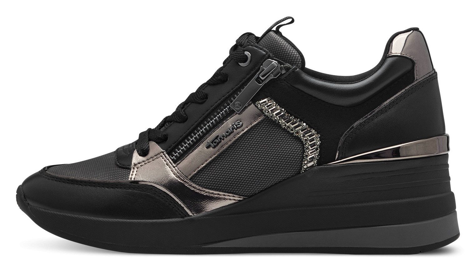 Tamaris Sneakers met sleehak vrijetijdsschoen, lage schoen, veterschoen met sierstenen