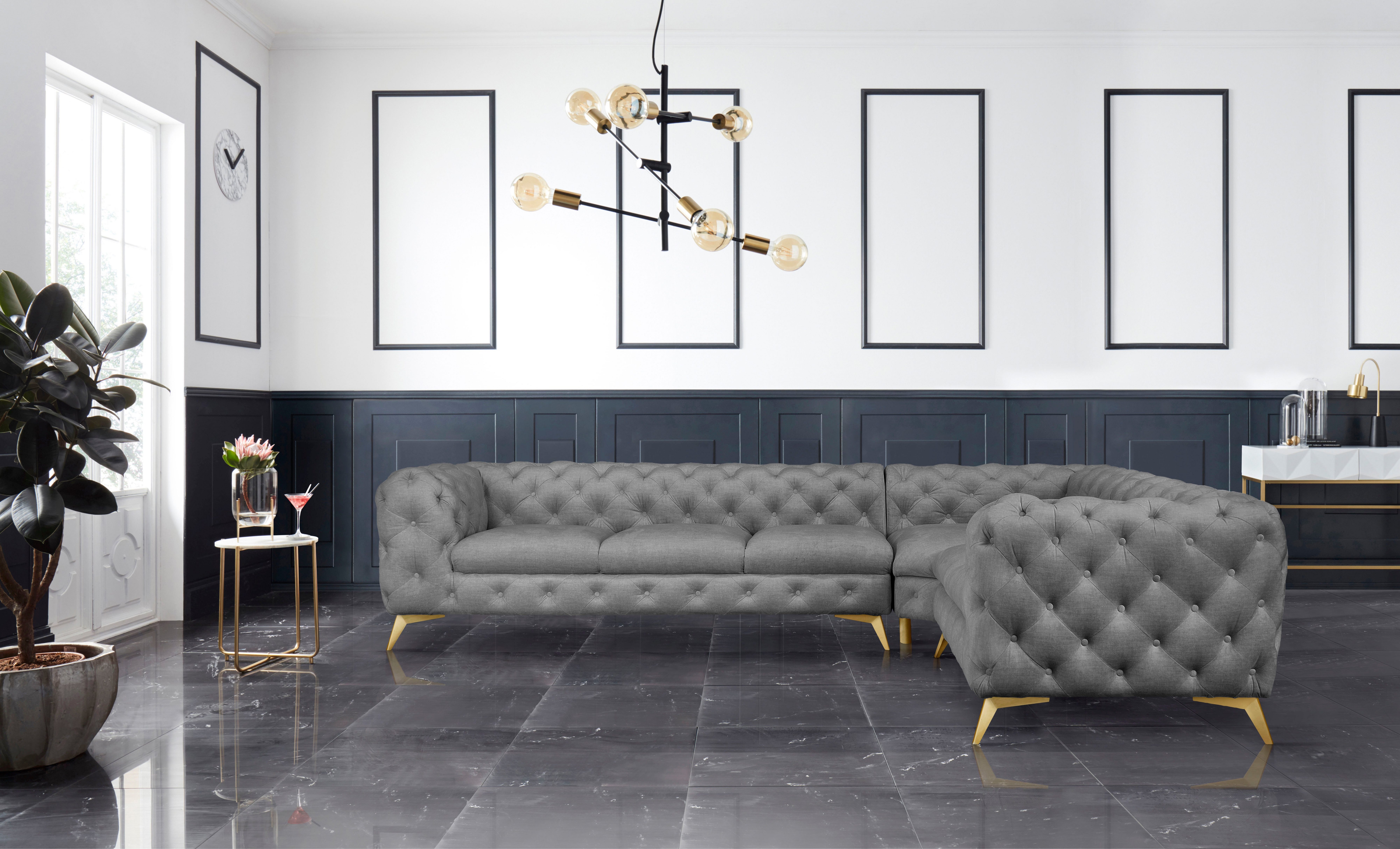 Leonique Chesterfield-bank Glynis L-vorm luxueuze capitonnage, moderne chesterfield look, kleur van de poten ter keuze