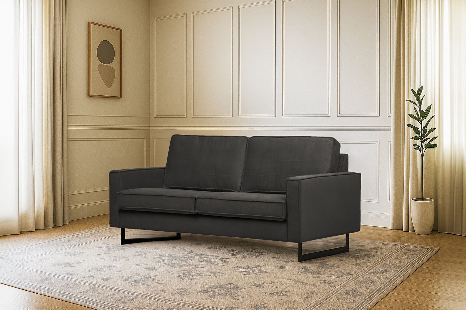 Places of Style 2-zitsbank Pinto, 166 cm, cord, chenille, leerlook met keder, zwarte metalen voeten, golfondersteuning