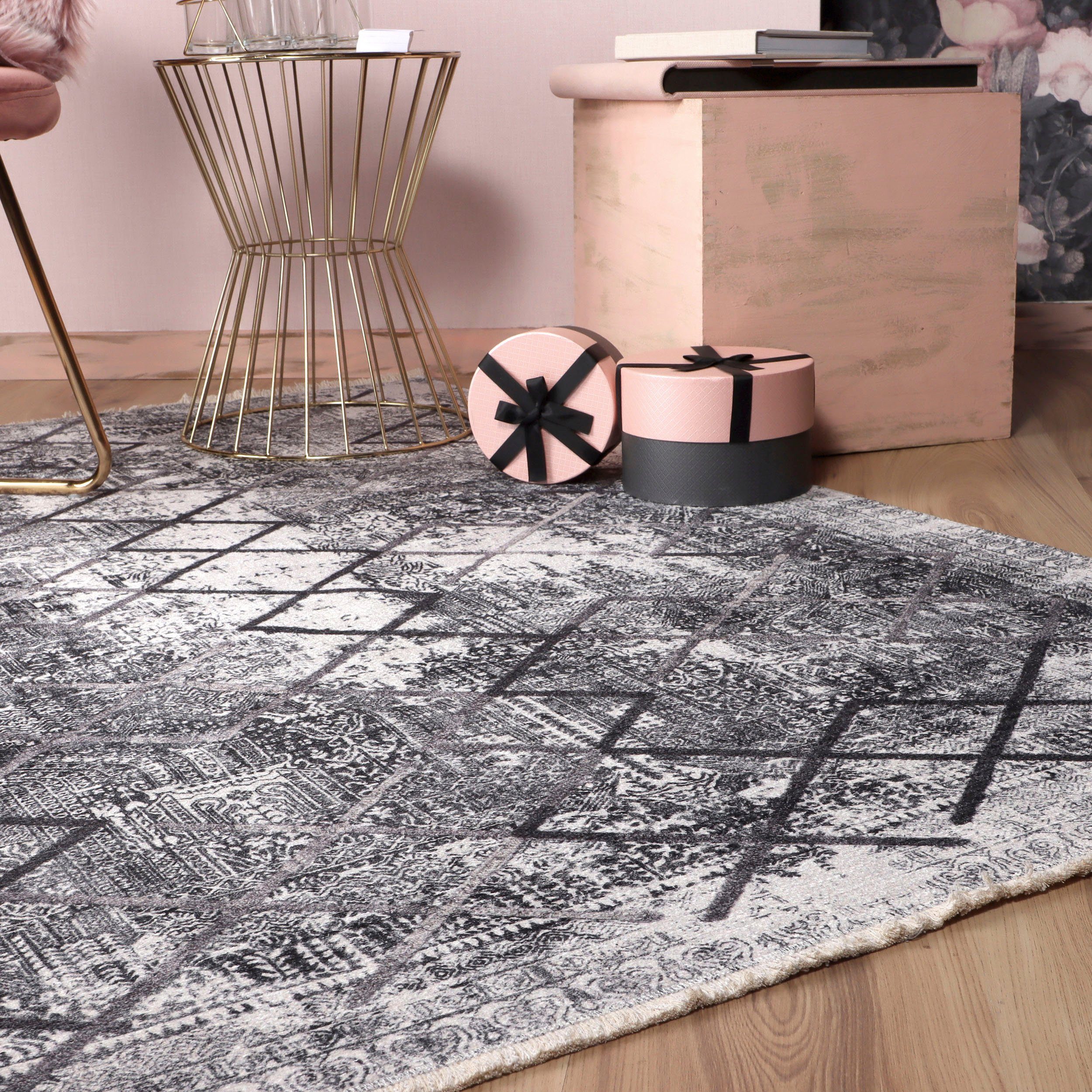 Obsession Vloerkleed My Valencia 633 gerecyclede materialen, modern ruit-design, met franje, wasbaar