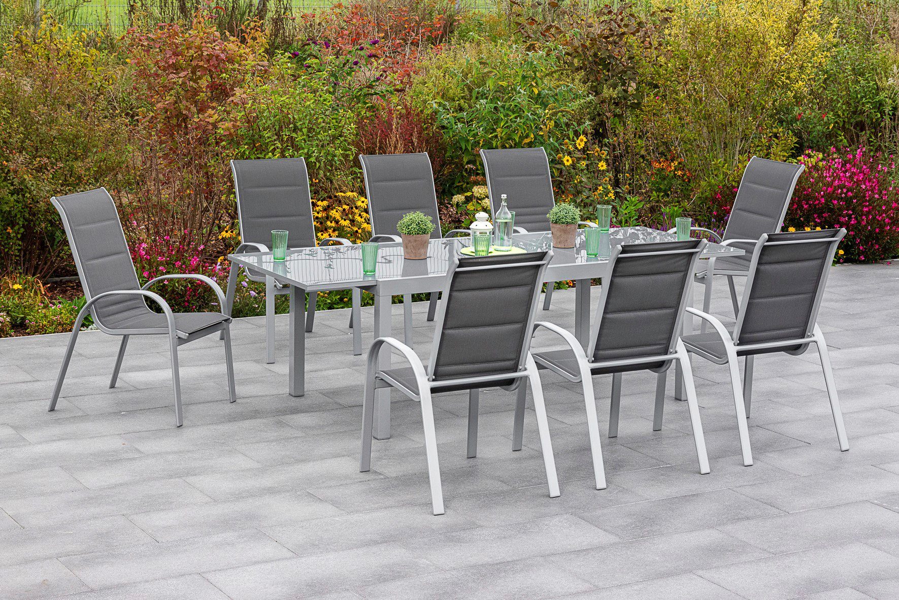 MERXX Tuin-eethoek Amalfi di lusso 8 stapelstoelen, stoel met een hoge rugleuning, met uittrekbare tafel (9-delig)