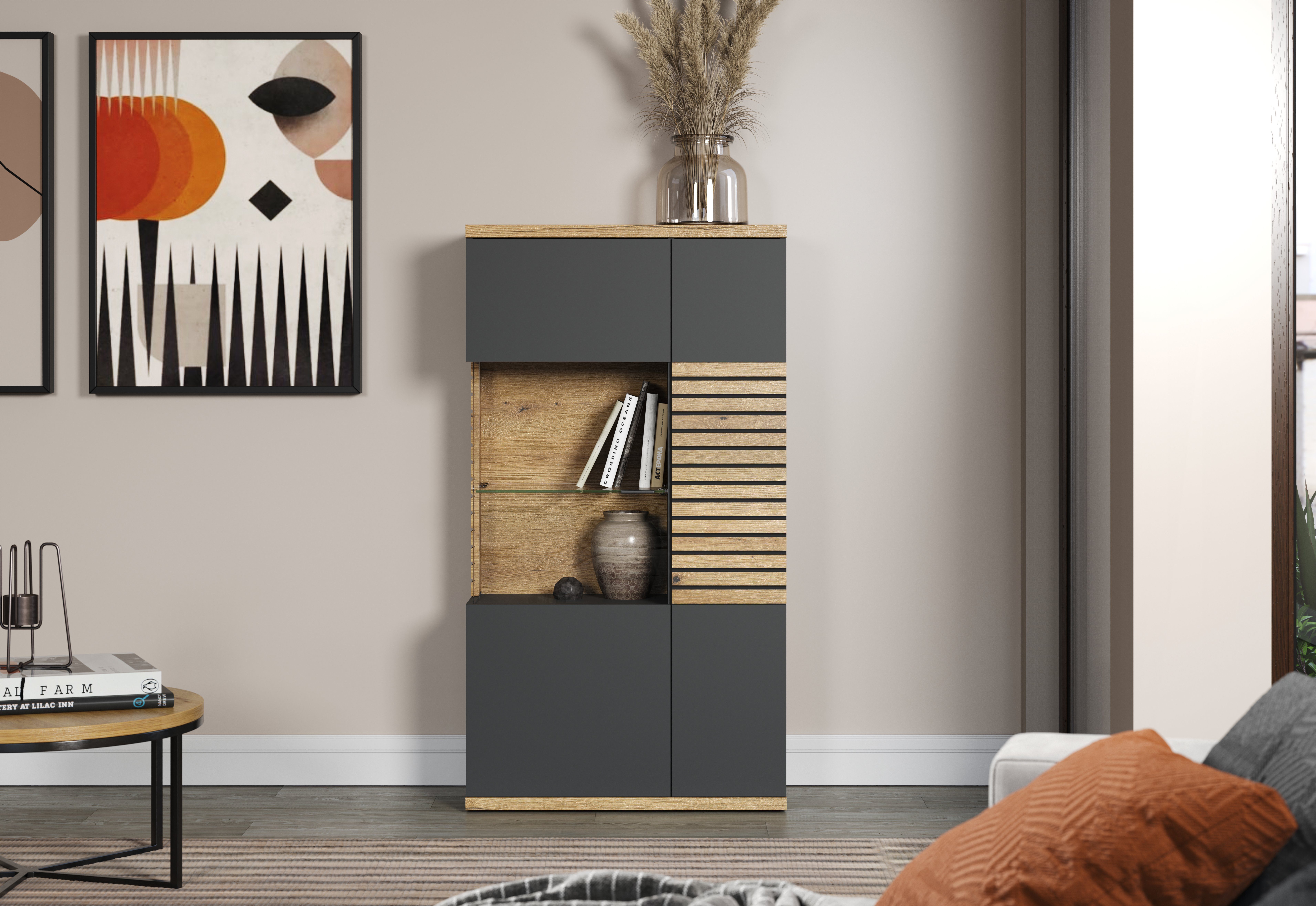 INOSIGN Highboard GALWAY Vitrine in trendy ribbellook met veel opbergruimte - Soft-Close