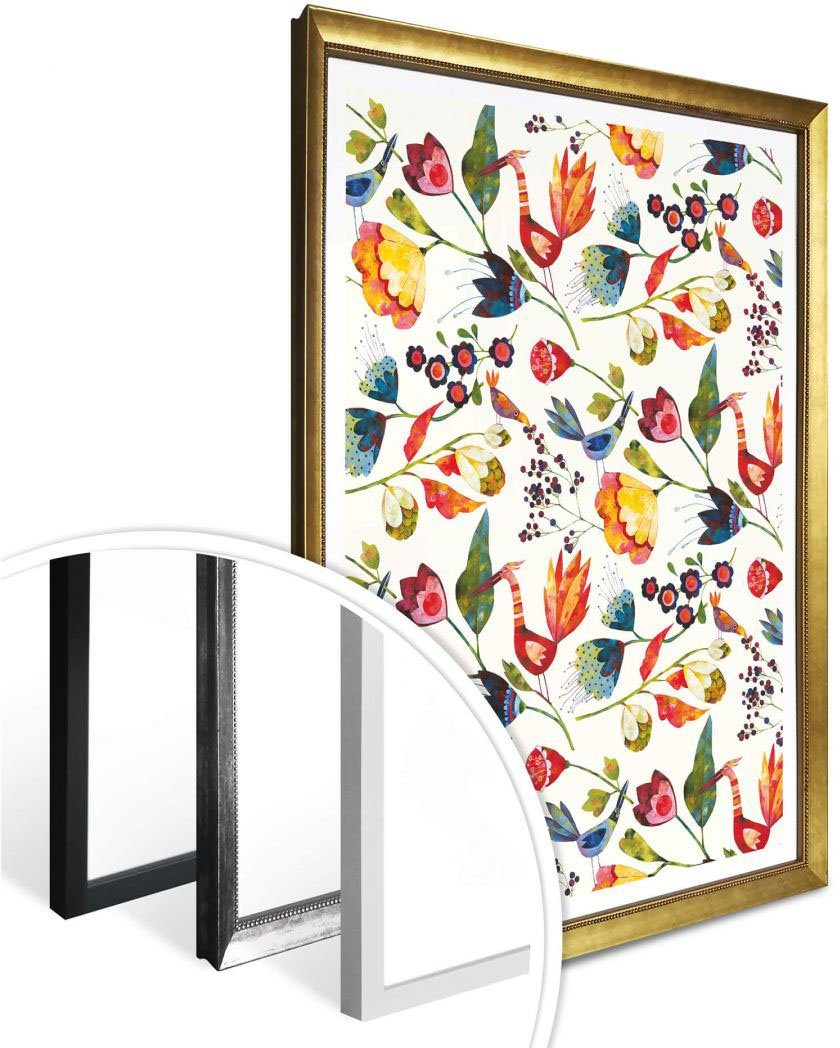 Wall-Art Poster Sprookje artprints bloemen en vogels (1 stuk)