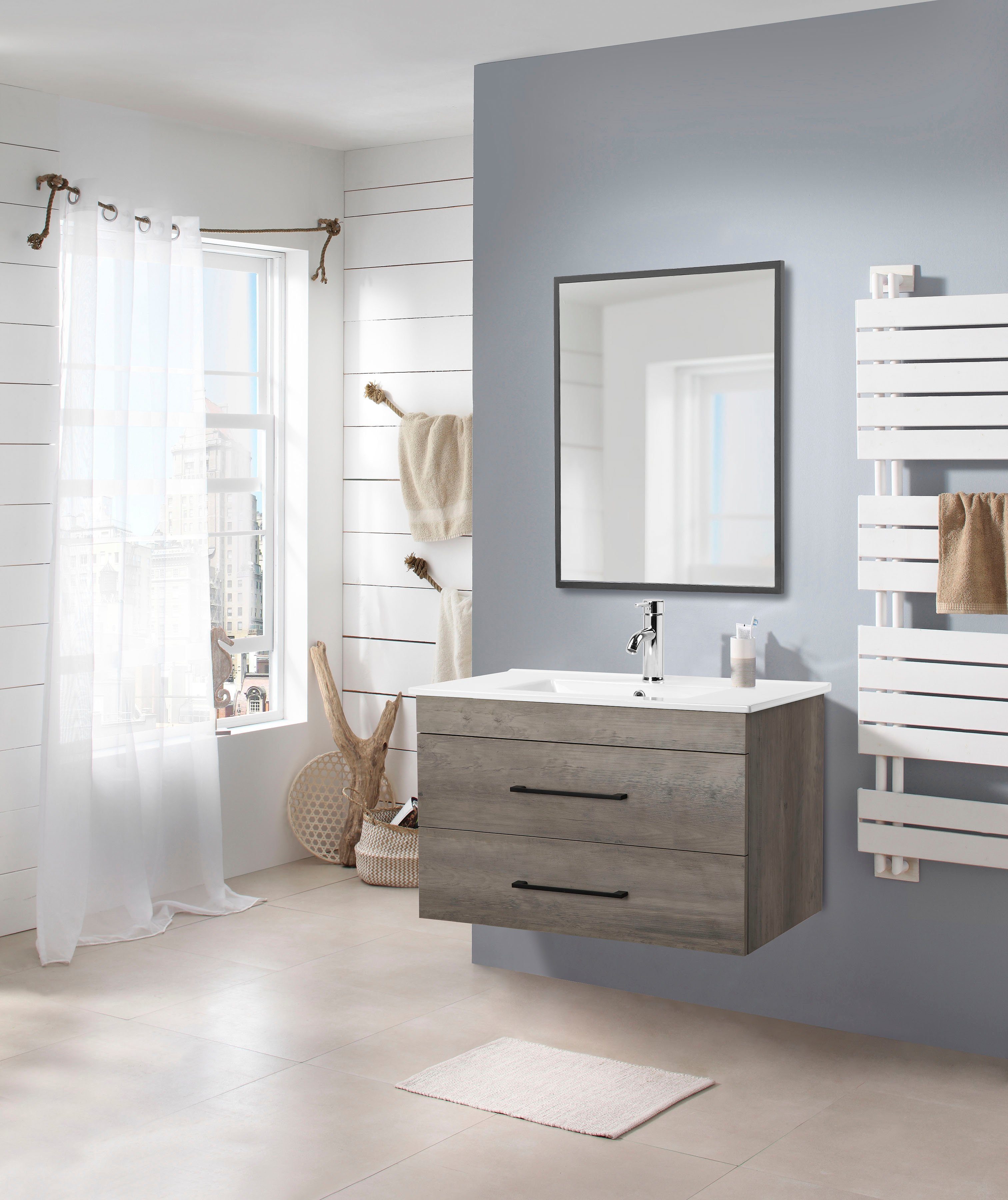 welltime Wastafelonderkast Florence badkamermeubel badkamerkast met wasbak Wastafelmeubel met 2 laden en soft-closesysteem breedte 80 cm