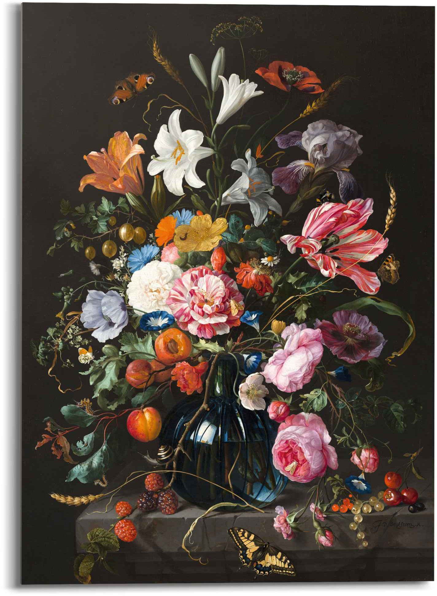 Reinders! Print op glas Artprint op glas stilleven met bloemen Mauritshuis - oude meester - beroemd schilderij, vlinder (1 stuk)
