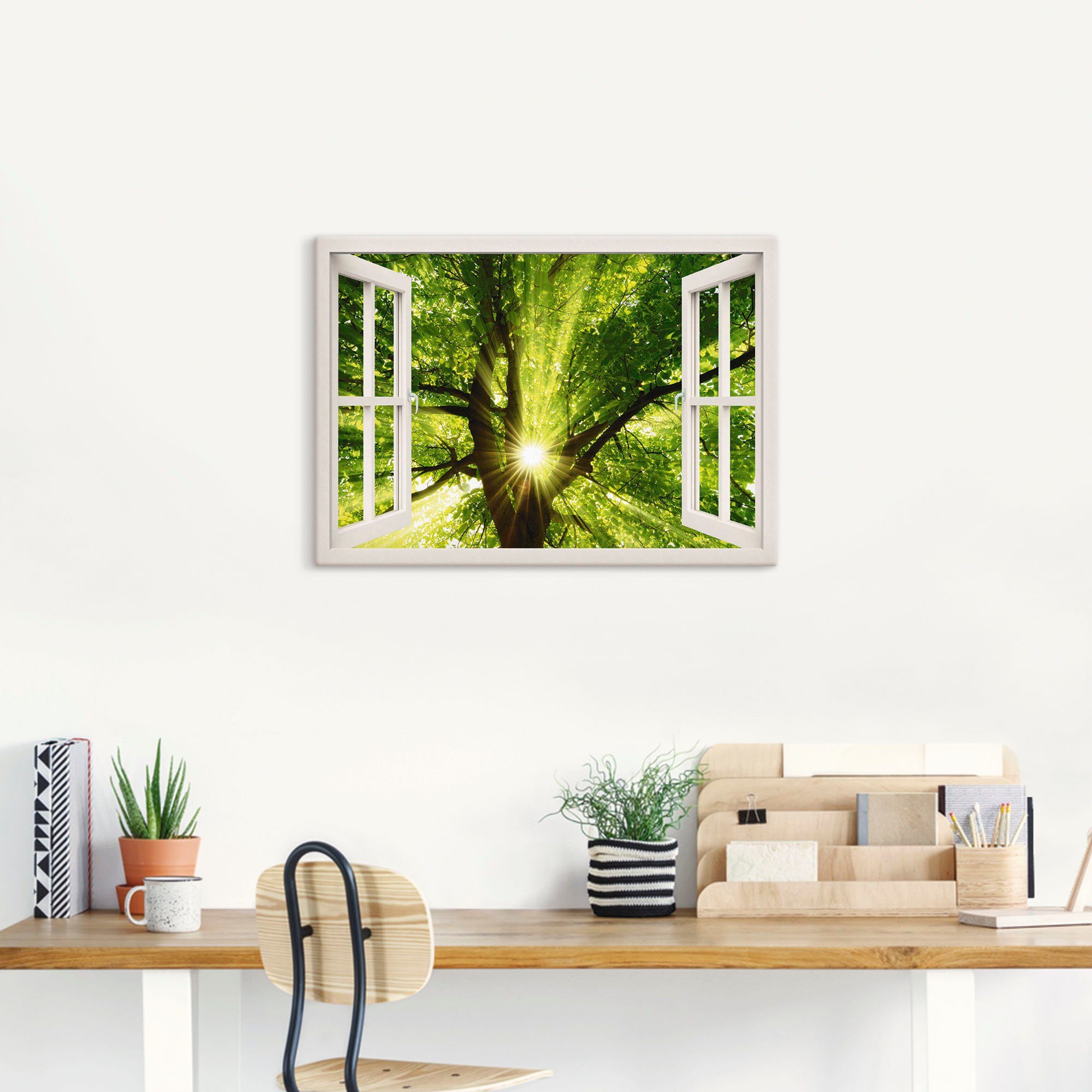 Artland Artprint op linnen Blik uit het venster zon schijnt door boom