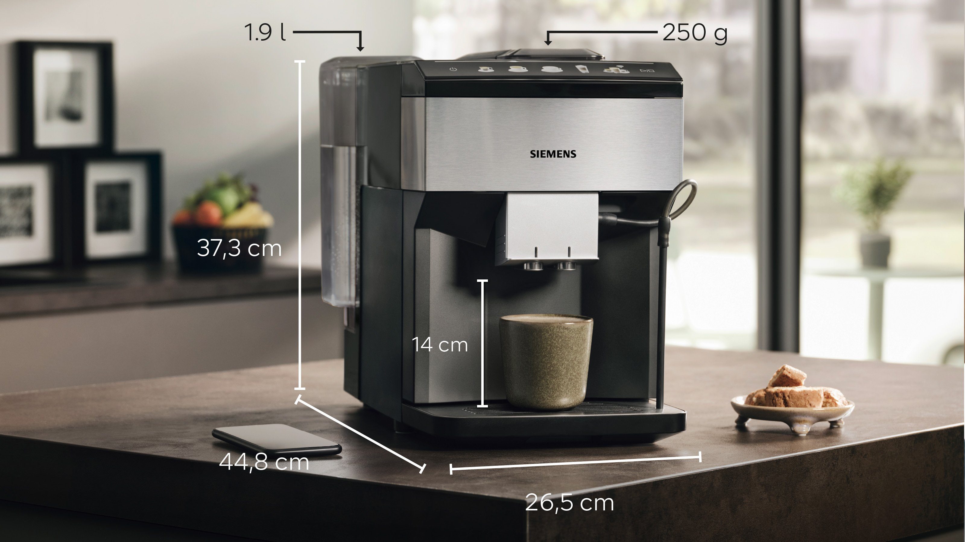 SIEMENS Volautomatisch koffiezetapparaat EQ500 integral TP516DX3, App-bediening, dubbele kopjesfunctie, intuïtief kleurendisplay, automatische stoomreiniging, roestvrij staal