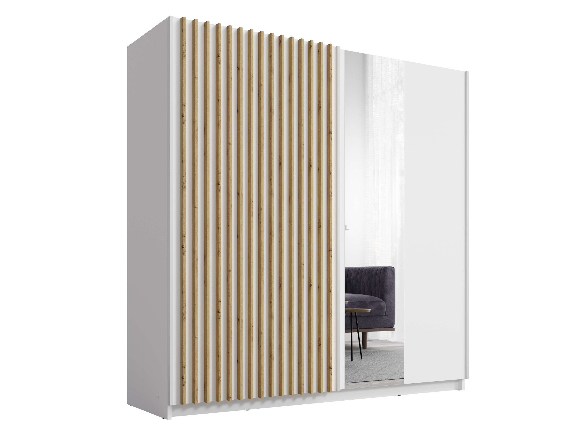 INOSIGN Kledingkast Camden met spiegel, 4 legplanken en kledingstang Garderobe met 2 schuifdeuren en lamellen, BxHxD 200,2x198,5x61,6 cm