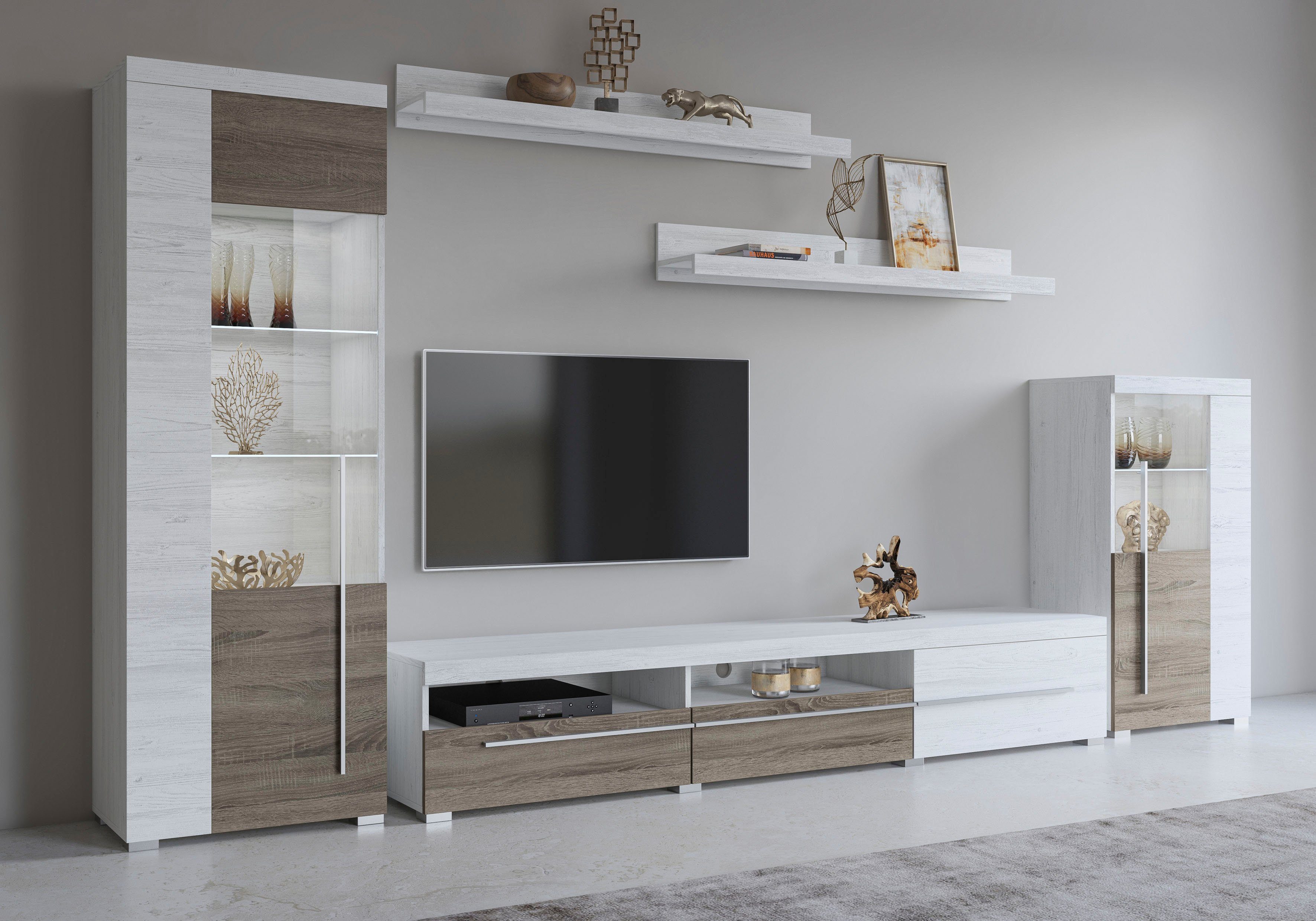 INOSIGN Wandmeubel Roger, breedte 270 cm modern mediawandmeubel zonder verlichting Aanbouwwand (set, 5-st) veel opbergruimte, vitrines met glazen deur
