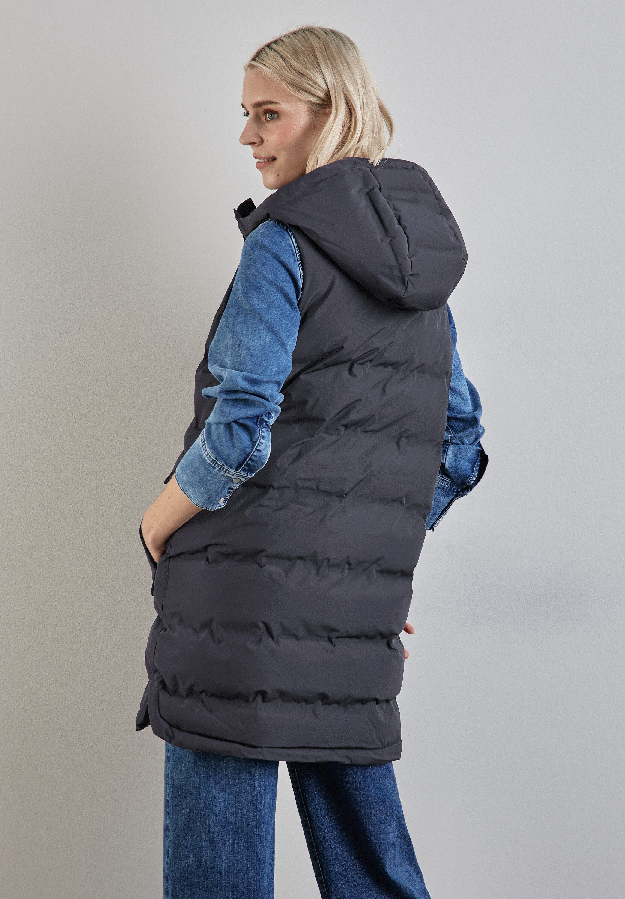 STREET ONE Lang gilet gestept en met capuchon