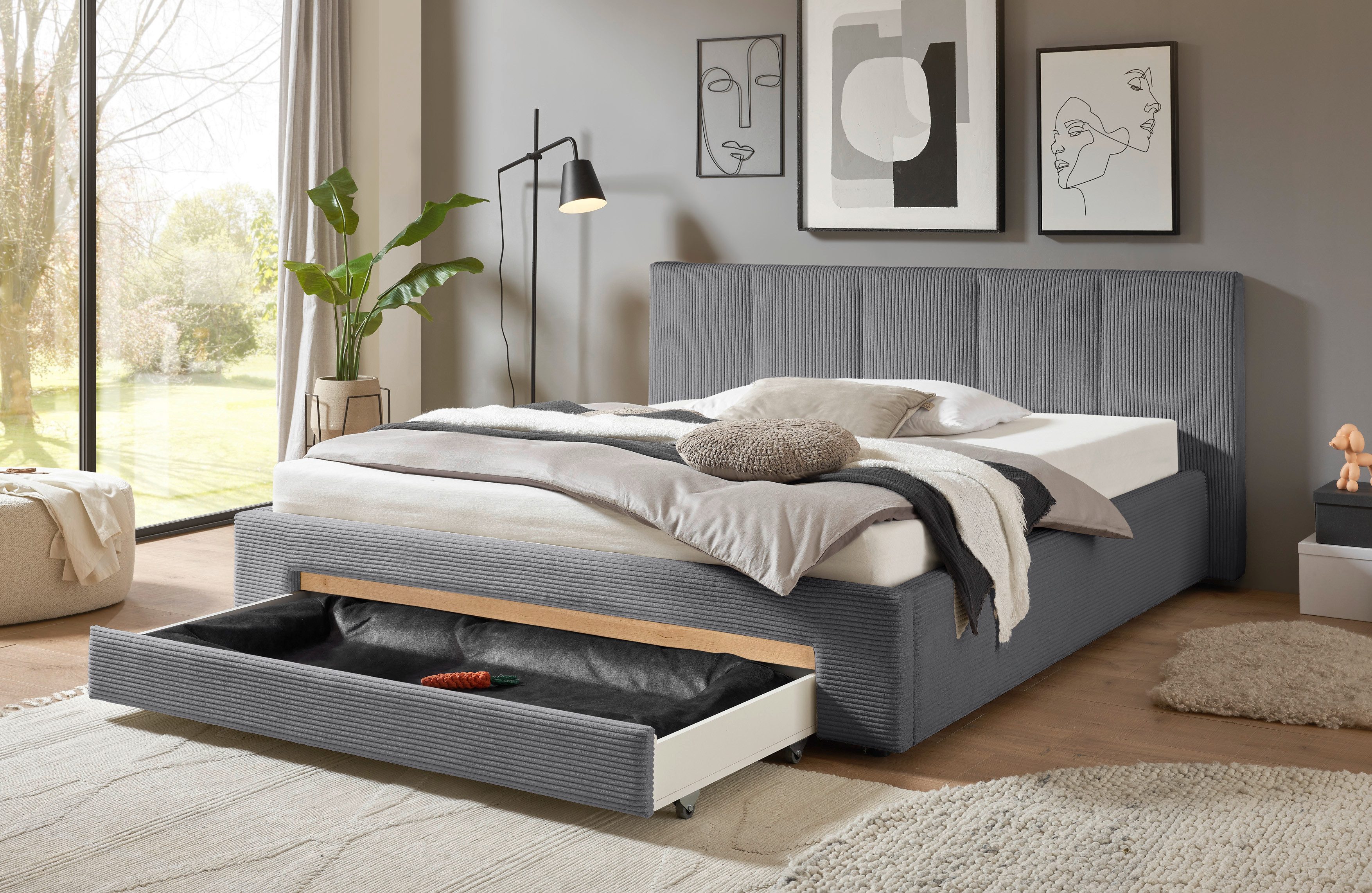 INOSIGN Gestoffeerd bed CiTY/GiRON, bedframe met bedlade, gestoffeerd opbergbed met hondenbed of opberglade, bekleding van corduroy of linnenlook