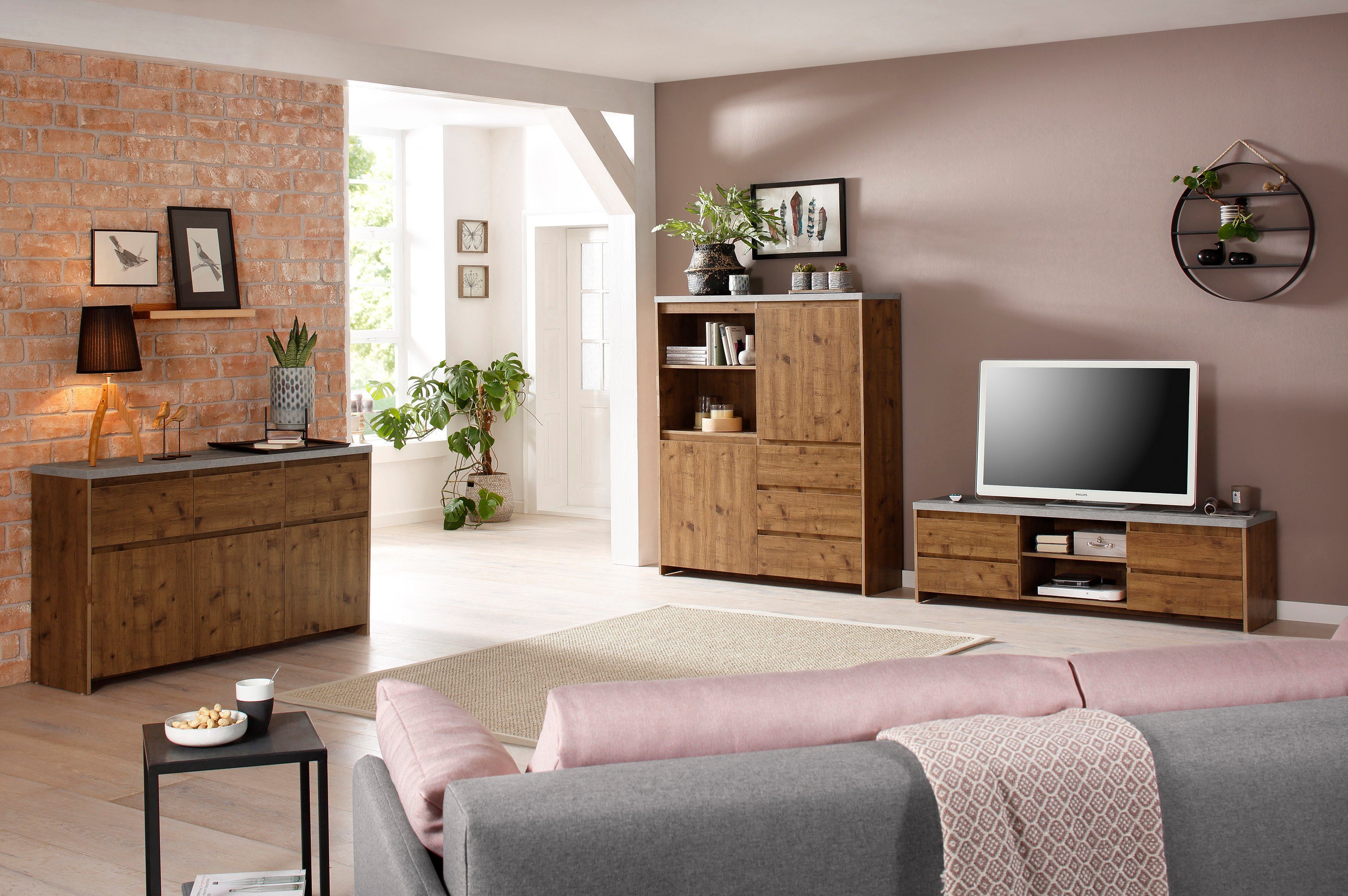 Home affaire Highboard Maribo Commode in moderne landhuisstijl, met betonnen bovenblad, breedte 140 cm