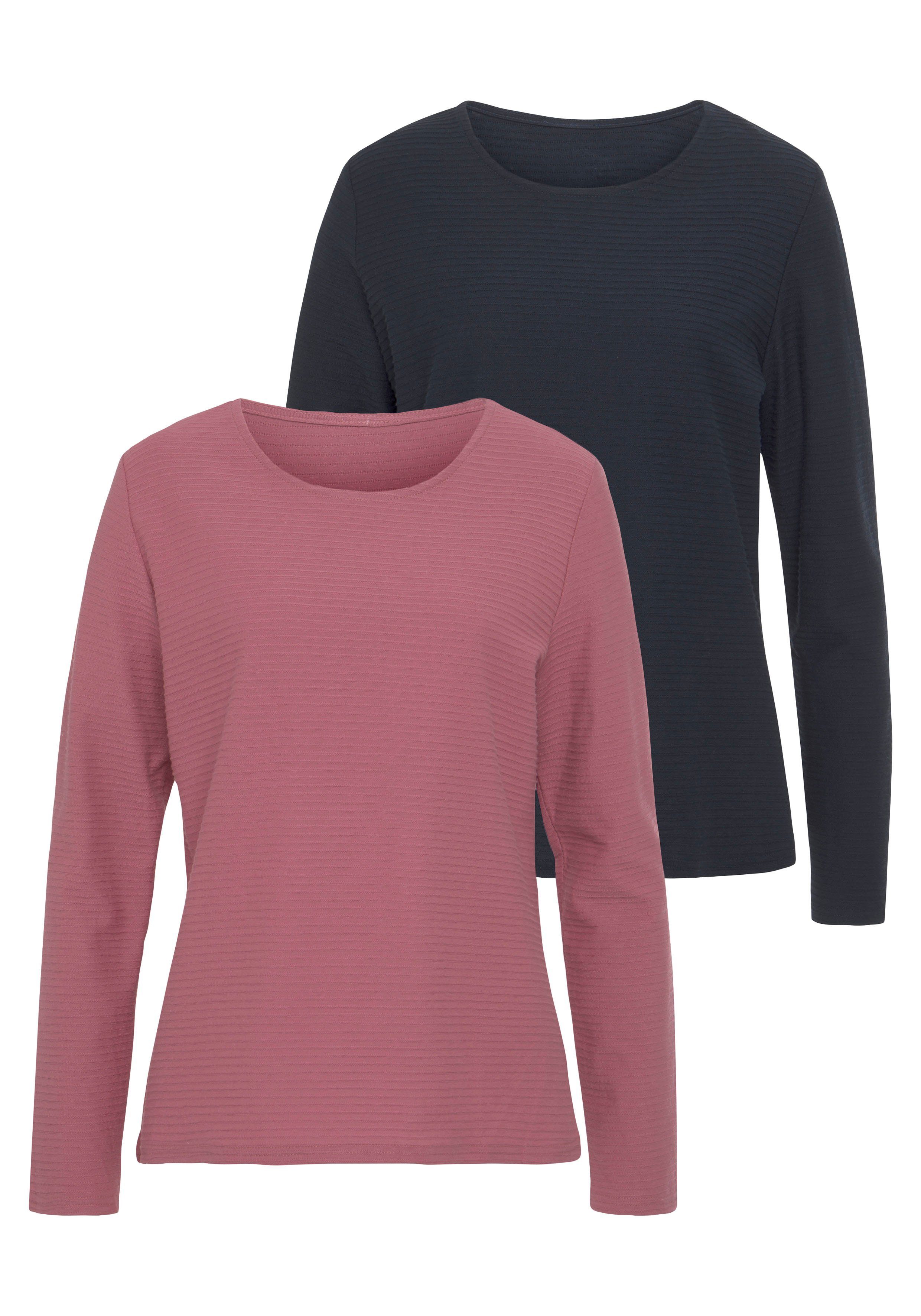 Lascana Shirt met lange mouwen Met streepstructuur in een zachte katoenkwaliteit (2-delig, Set van 2)