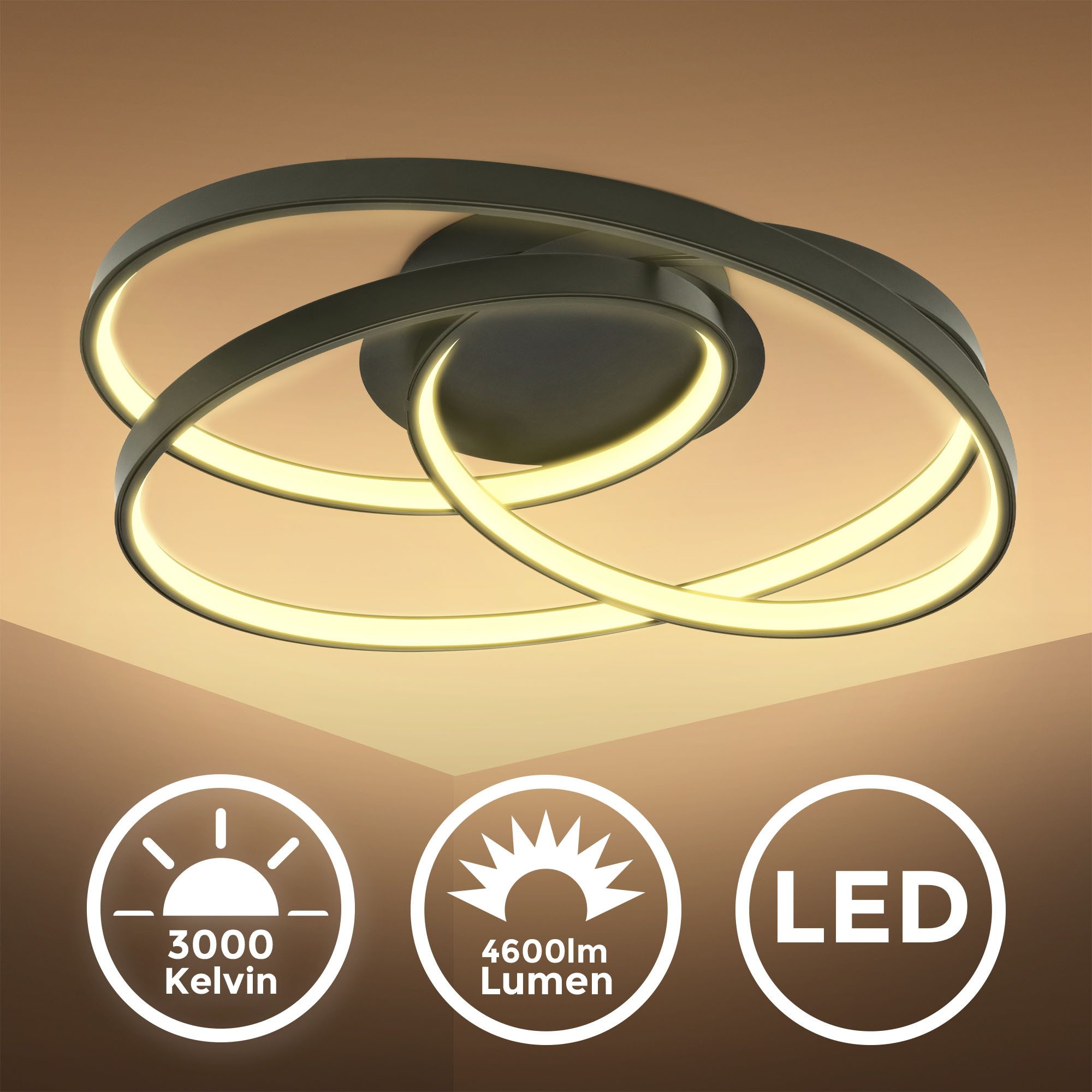 B.K.Licht Led-plafondlamp LED frame plafondlamp, ringlamp, zwart, 3.000K 4.600 lumen, 35w, met warmwit licht, ip20, b: 39,5 cm (1 stuk)