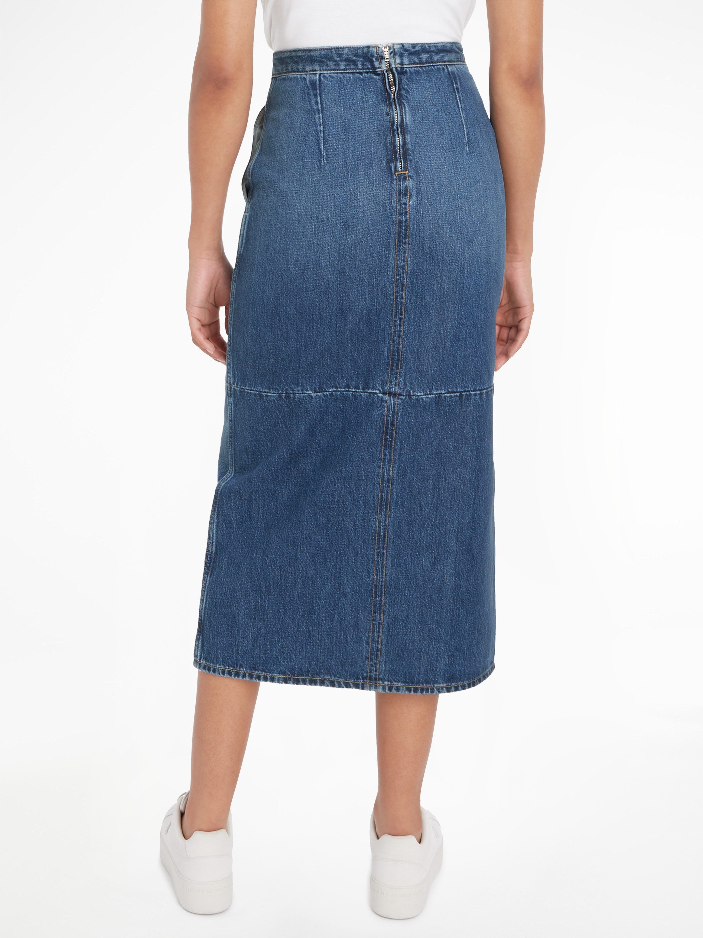 Tommy Hilfiger Kokerrok DNM MIDI SKIRT HW BETH CTD Geweven rok met Tommy Hilfiger vlag