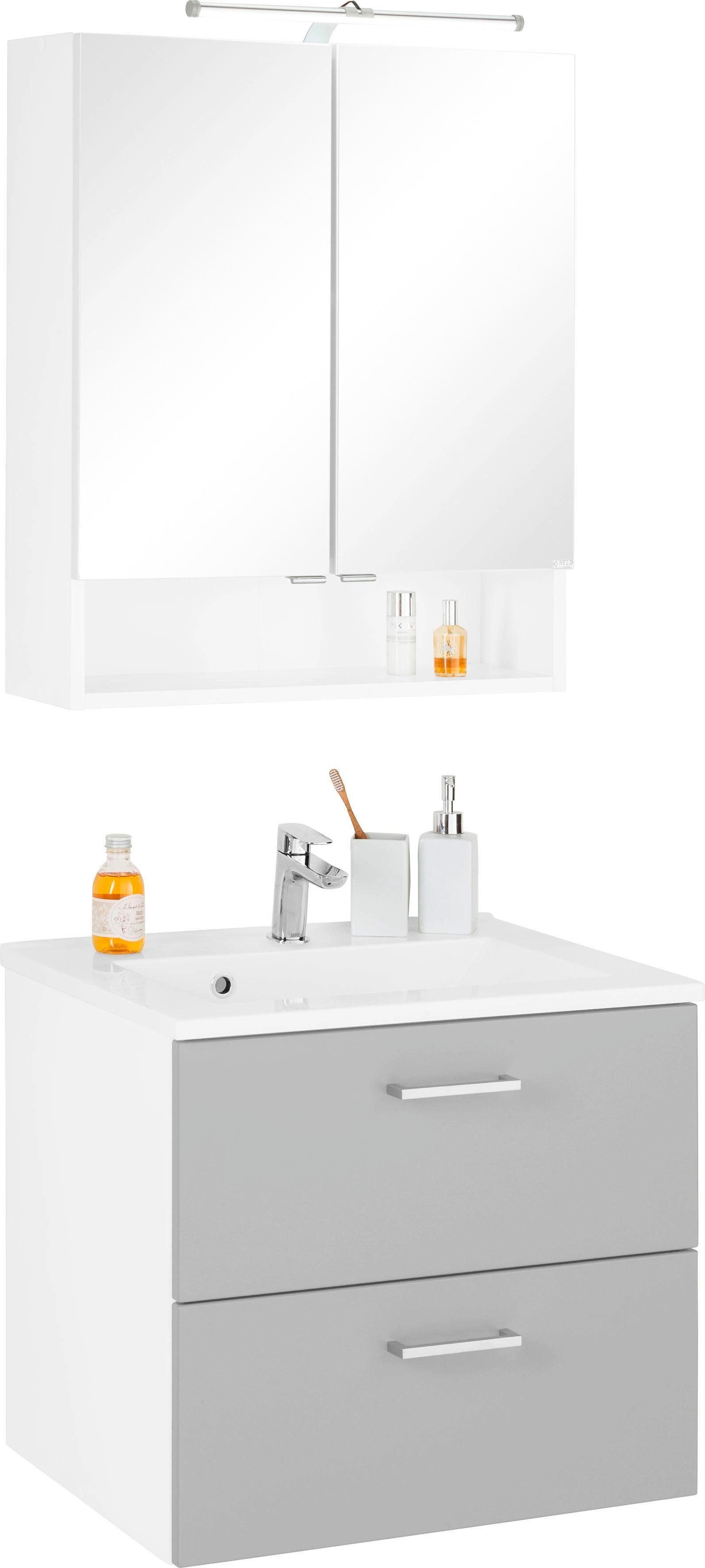 welltime Badkamerserie Ribera Spiegelkast breedte 60 cm, wastafelonderkast (2-delig) badmeubelsets grijs