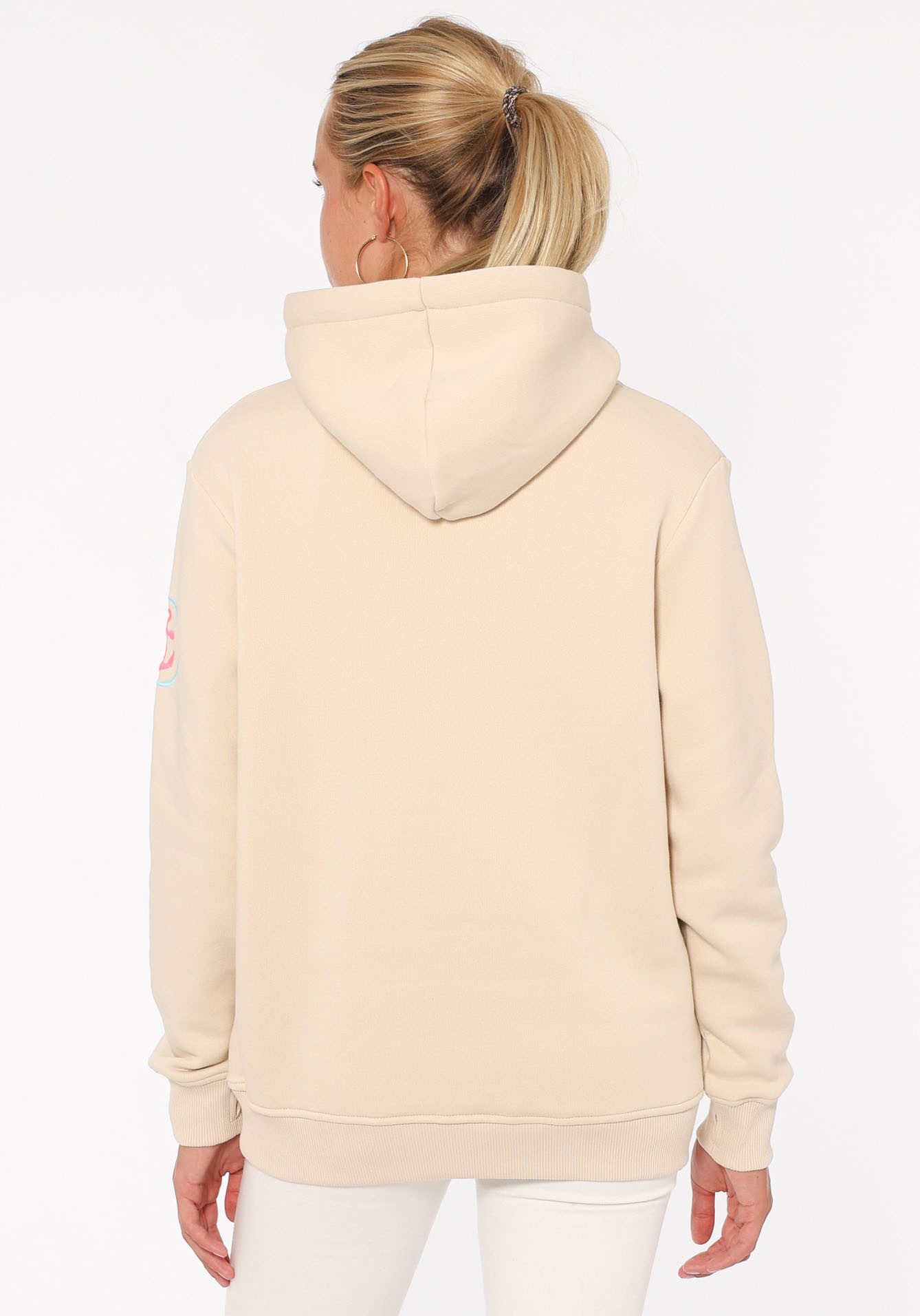 Zwillingsherz Sweatshirt met geborduurd "moin"-schrift in neonkleuren