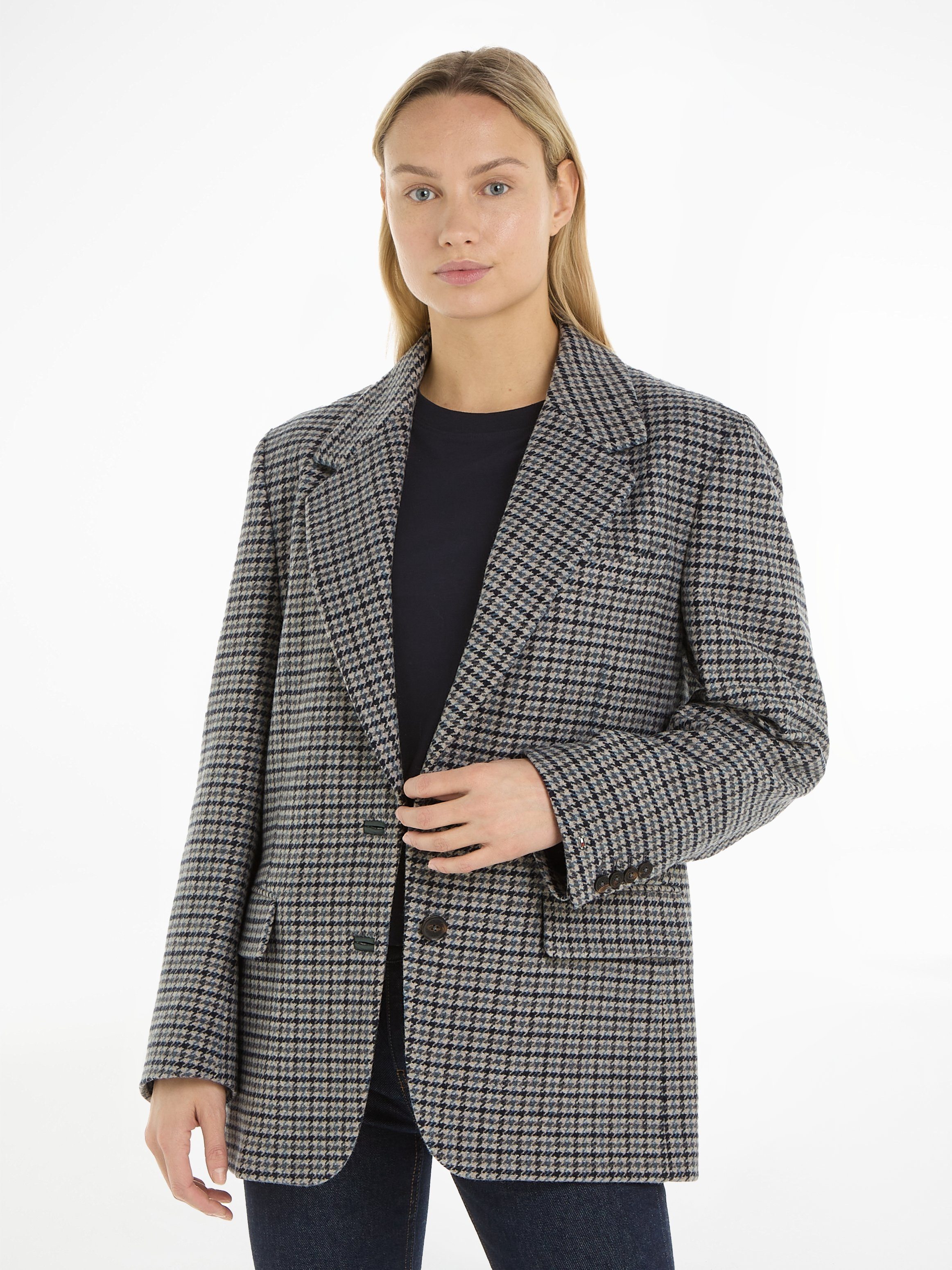 tommy hilfiger korte blazer oversized wool check sb blazer grijs