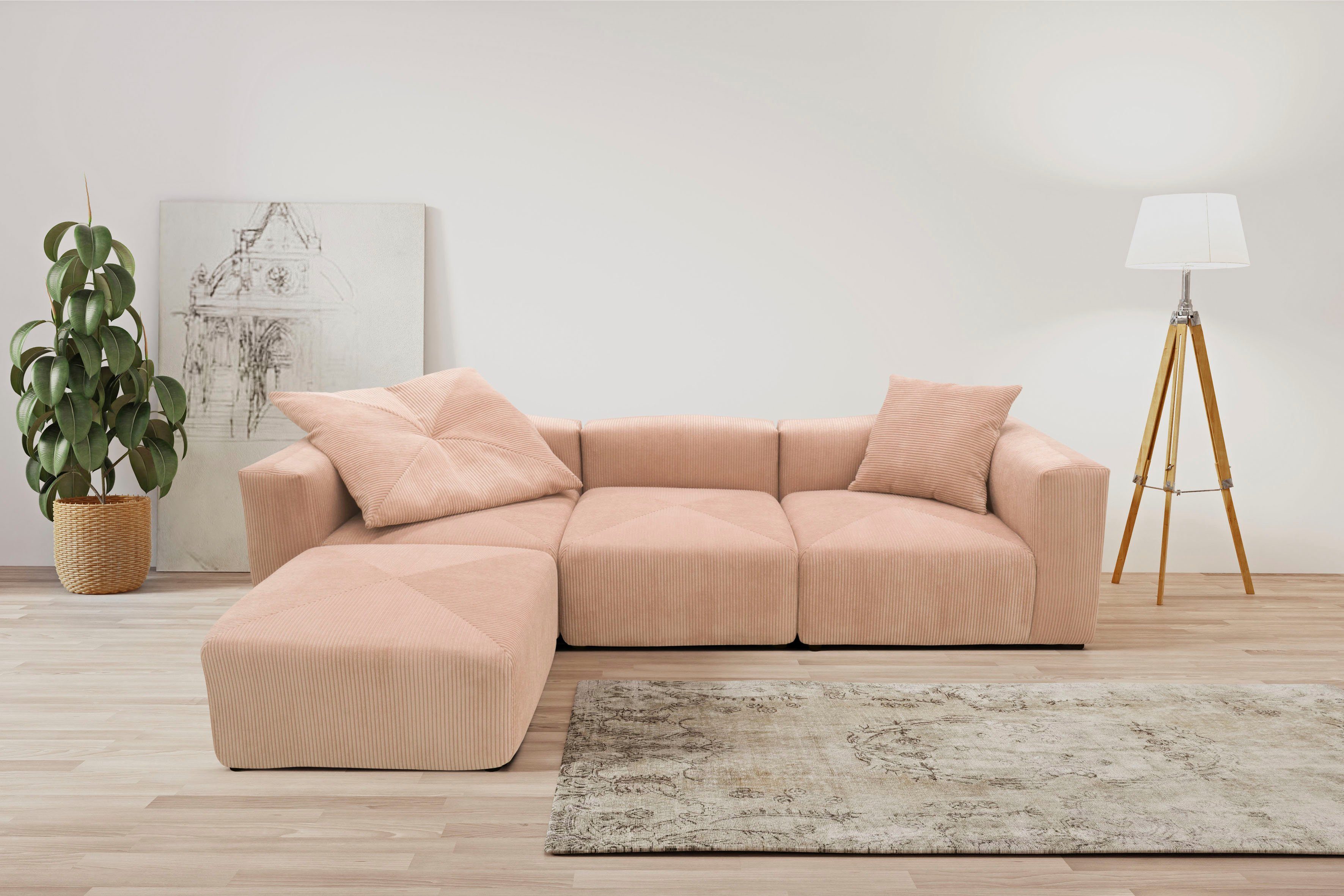 RAUM.ID Hoekbank Gerrid L-vorm Ribfluwelen bekleding, modulaire bank, bestaande uit hoek- en tussenelement + voetenbank/poef roze, hoekbanken