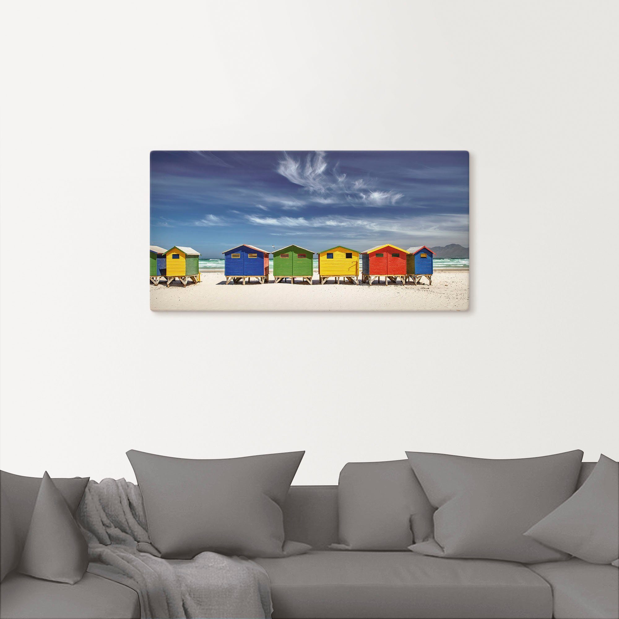 Artland Artprint Veelkleurige strandhuisjes bij Kaapstad als artprint van aluminium, artprint voor buiten, artprint op linnen, poster, muursticker