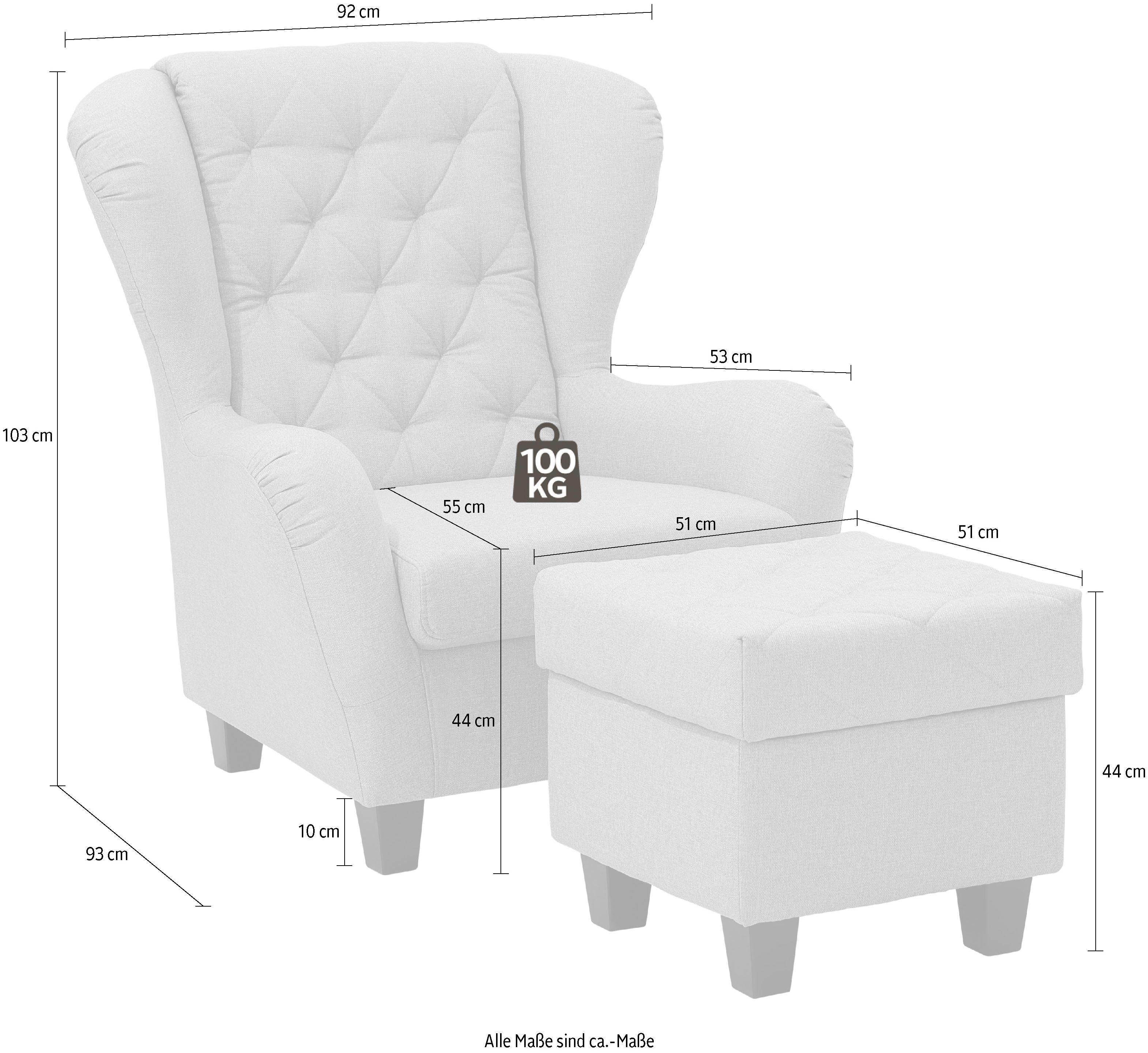 Home affaire Oorfauteuil ALEXANDRA incl. hocker, met stiksels, in vele kleuren (2-delig - 2 stuks)