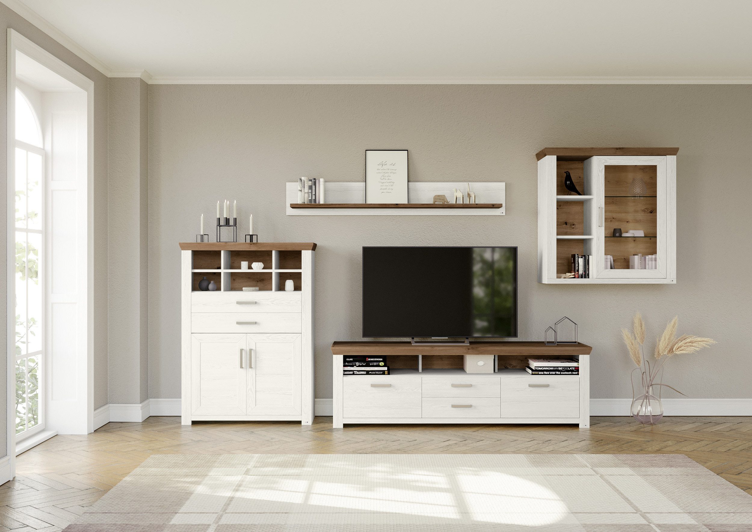 set one by Musterring Wandmeubel York Combinatie 11, in 3 kleurvarianten, totale breedte 374 cm (4-delig) tv-wandmeubels wit