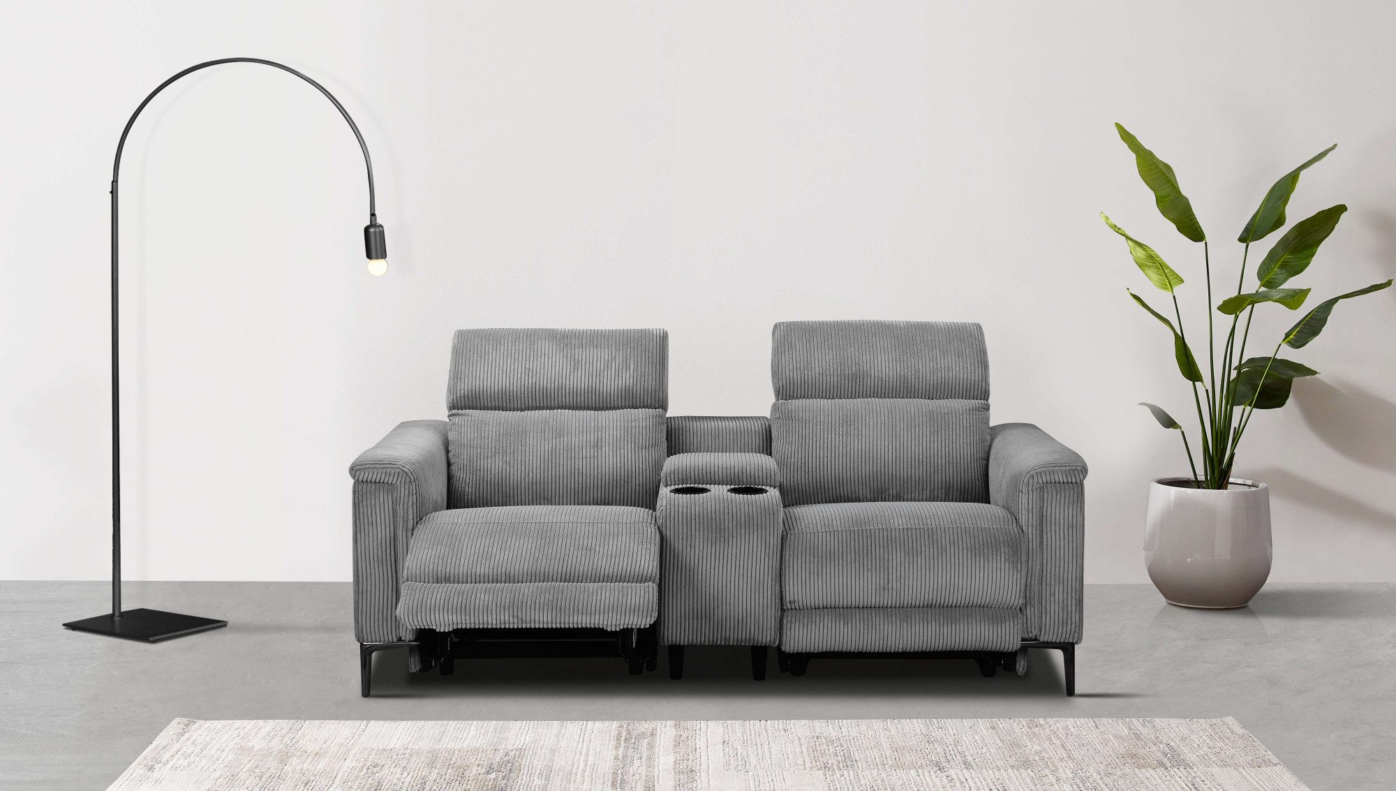 Places of Style 2-zitsbank Lund in cord, 2-zits bioscoopbank, tv-fauteuil, multimedia-sofa, USB-A met elektrische of handmatige relaxfunctie, bekerhouder en opbergruimte