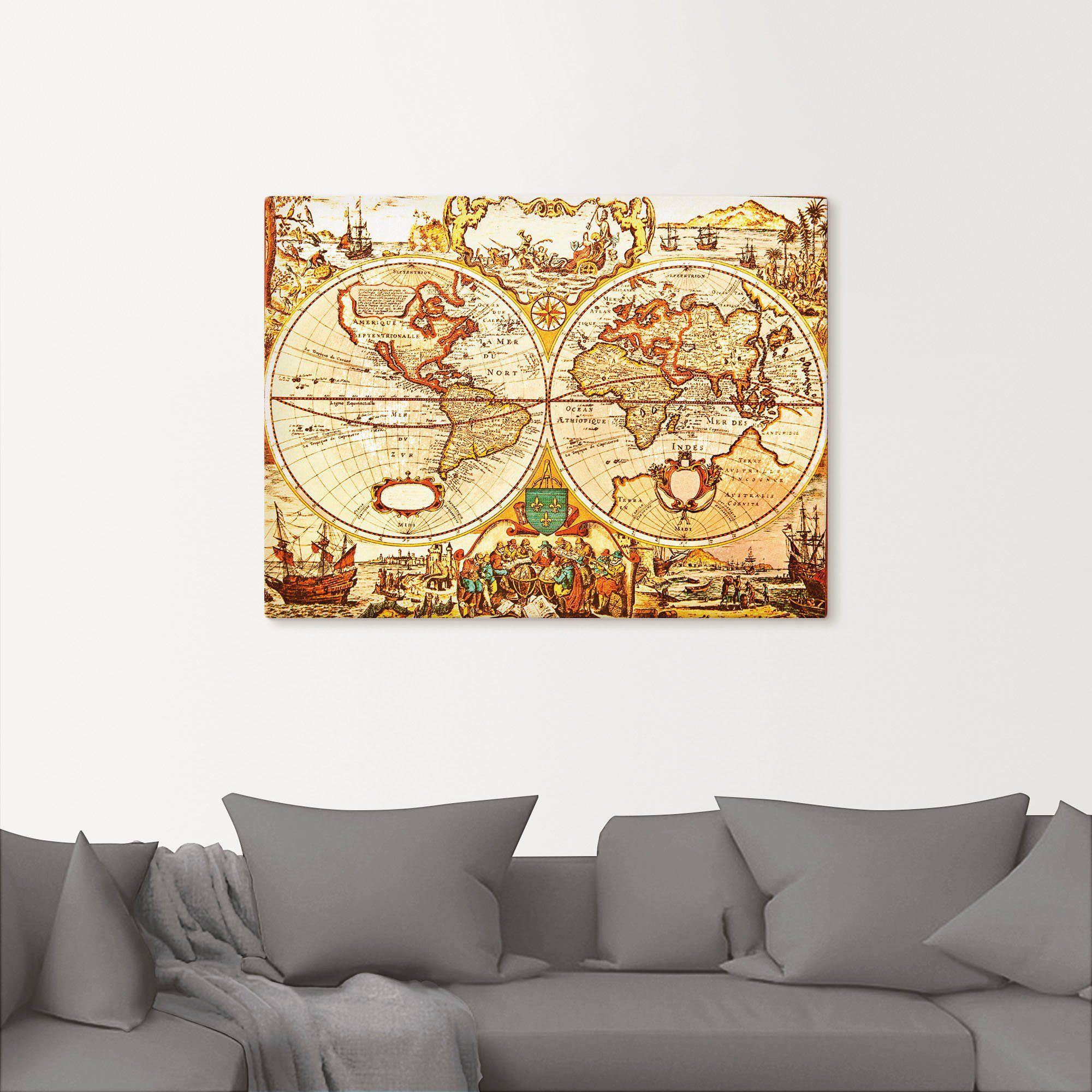 Artland Artprint Antieke wereldkaart als artprint van aluminium, artprint voor buiten, artprint op linnen, poster, muursticker