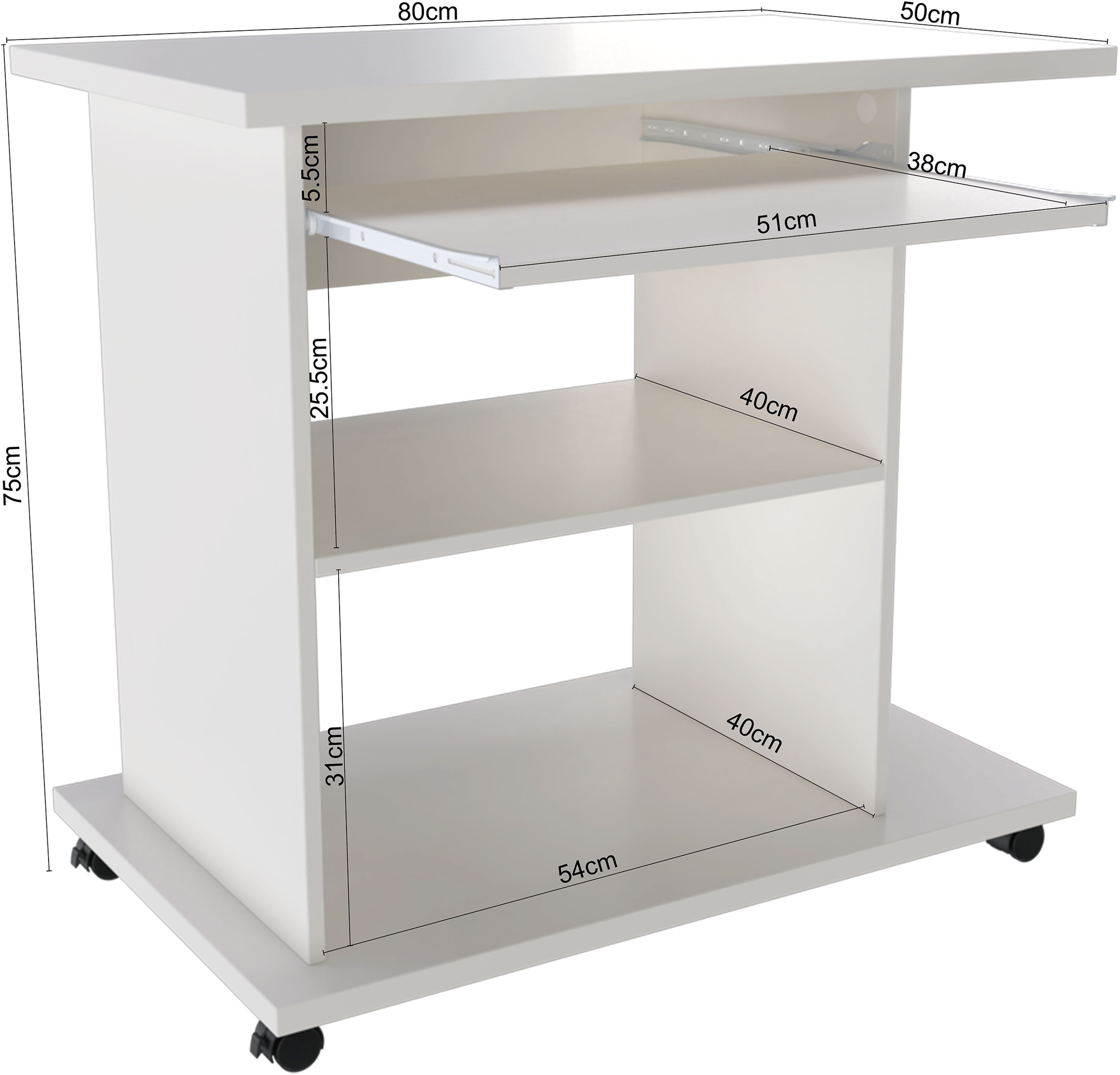 INOSIGN Pc-bureau LOKVE, Laptoptisch, Bureau, rollend, toetsenborduitrek, torenvak, printervak, hoogte 75 cm